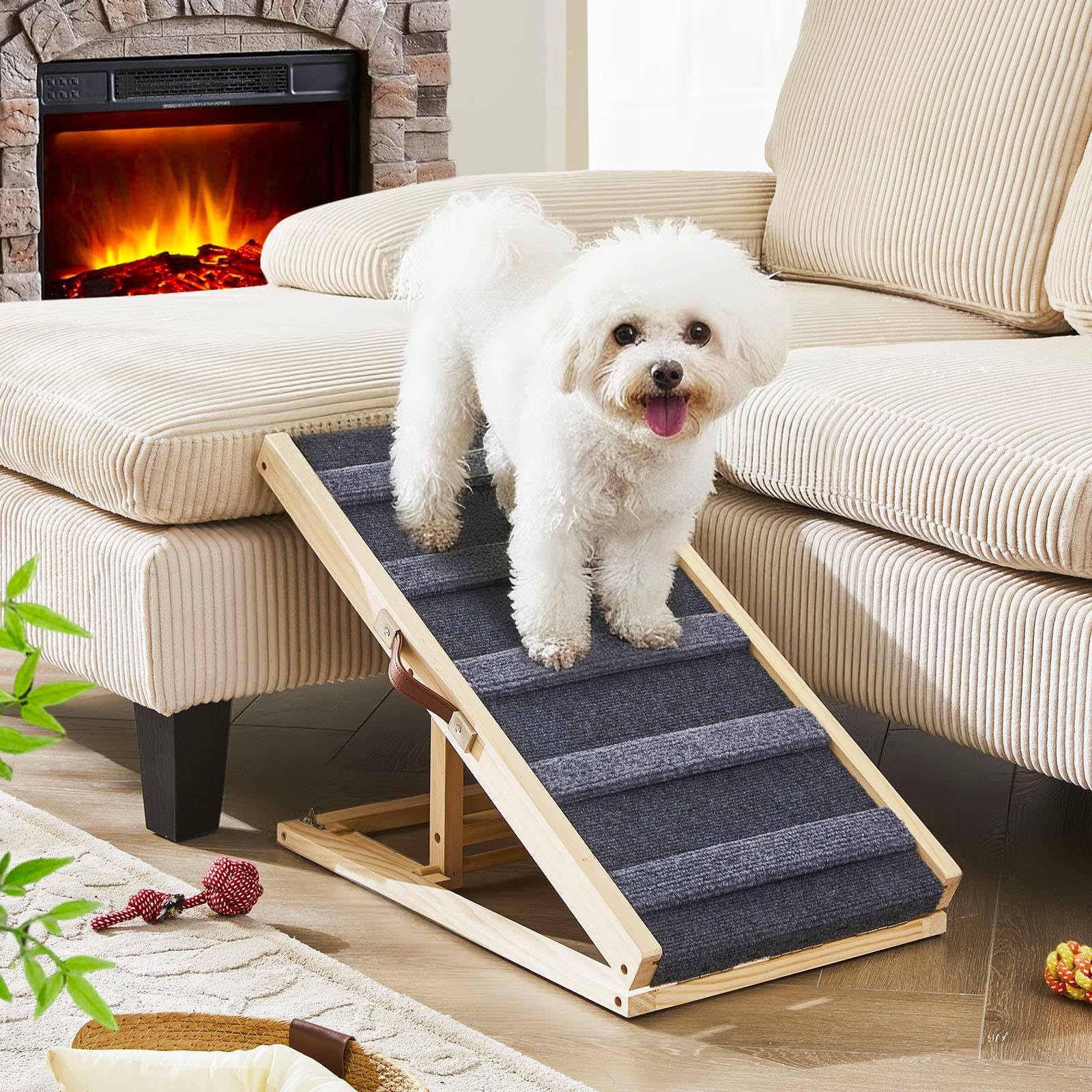 LEMROE Wooden Dog Ramp for Sofa & Bed for Small Dogs, Adjustable Foldable Pet Ramp with Non-Slip Crossbars & Traction Mat, Dog Climbing Ladder for Couch, Safe Joint-friendly (With Non-Slip Crossbars)
