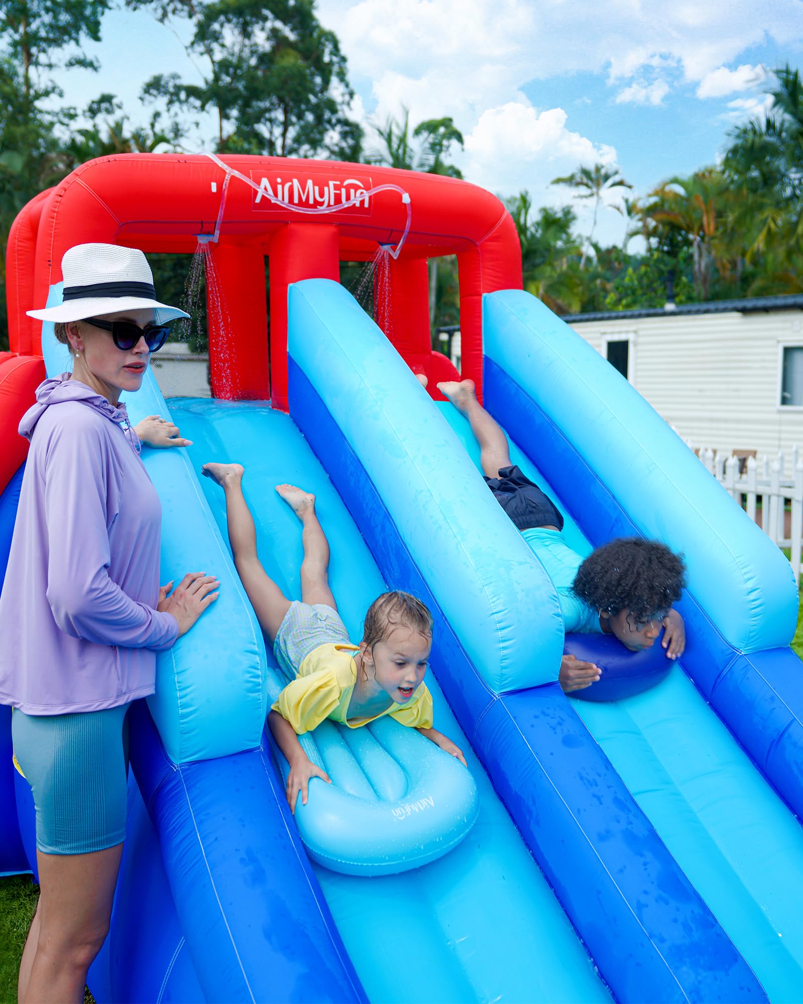 Casa inflable de rebote con doble tobogán, toboganes acuáticos para niños y adultos para diversión al aire libre 3