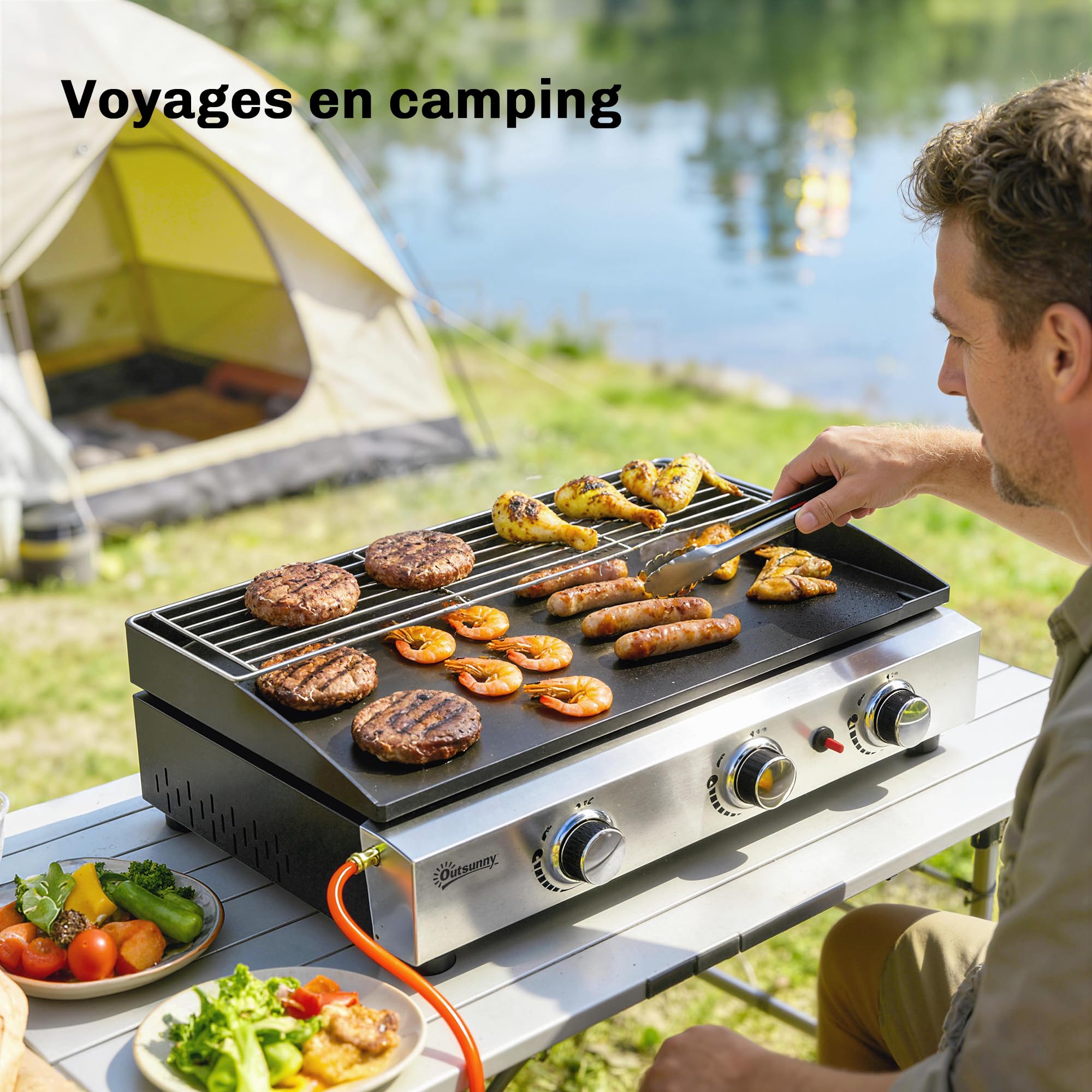 Outsunny Plancha Gaz Extérieur 3 Brûleurs en Acier Inoxydable 7,5 kW, Noir | Plaque Émaillée Anti-Chaleur Facile à Nettoyer, Barbecue de Table, Grille de Maintien au Chaud