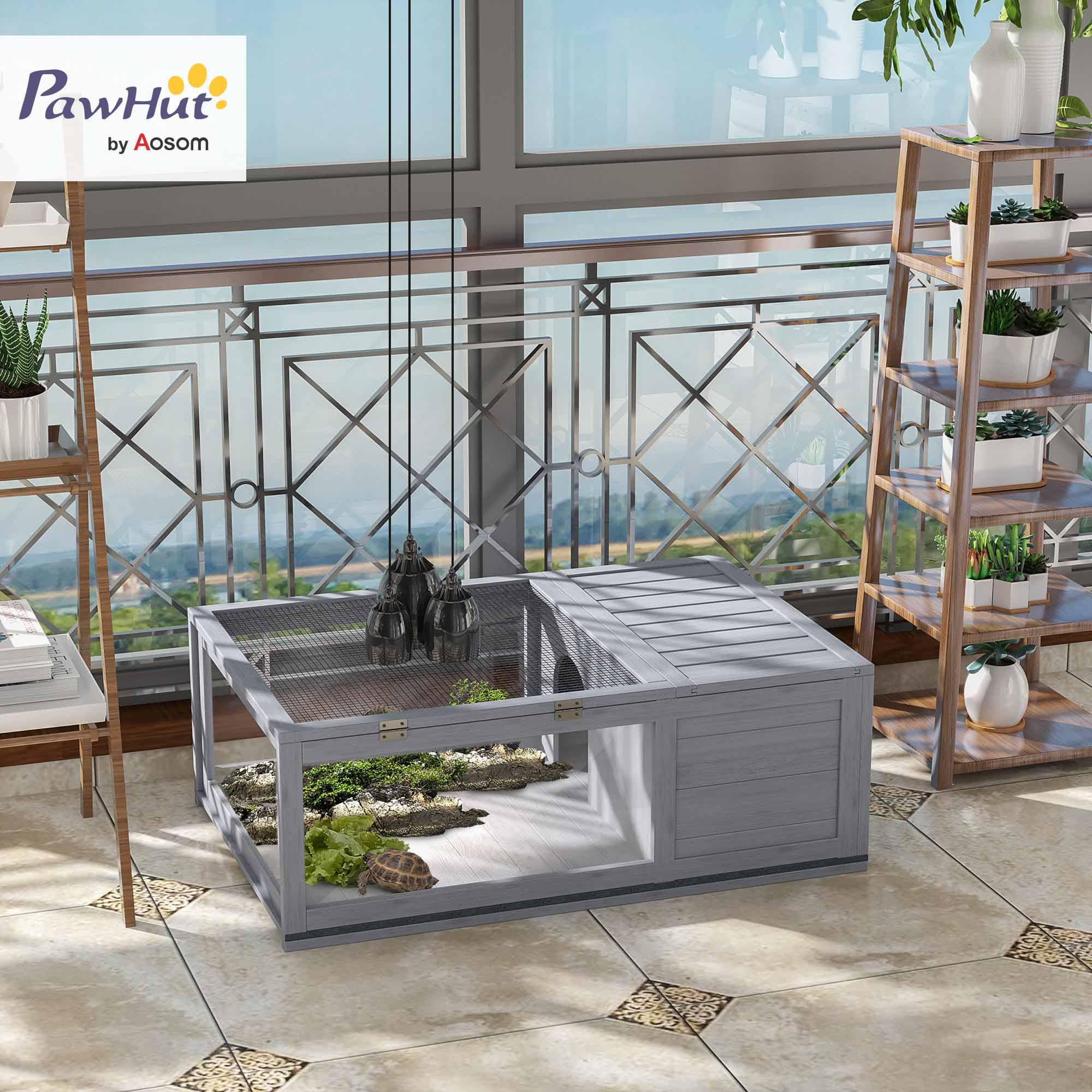 PawHut Casa para Tortugas de Madera, Terrario para Reptiles con Techo de Malla, Paneles Laterales Transparentes Extraíbles y Pestillo de Seguridad, Caseta para Tortugas, 91x60,5x32 cm, Gris