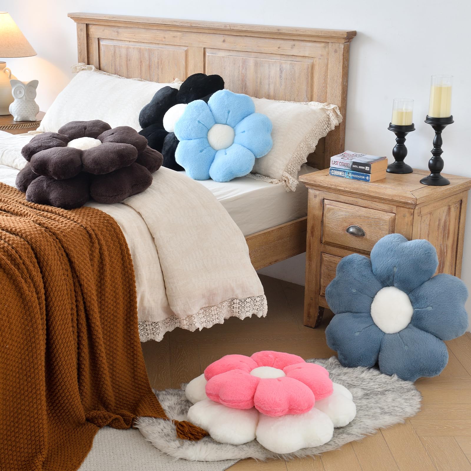 Almohada en forma de flor, bonitas almohadas decorativas con suave piel de conejo artificial para sofá, cama, silla, suelo, almohada de Navidad con decoración de habitación para dormitorio (14.9