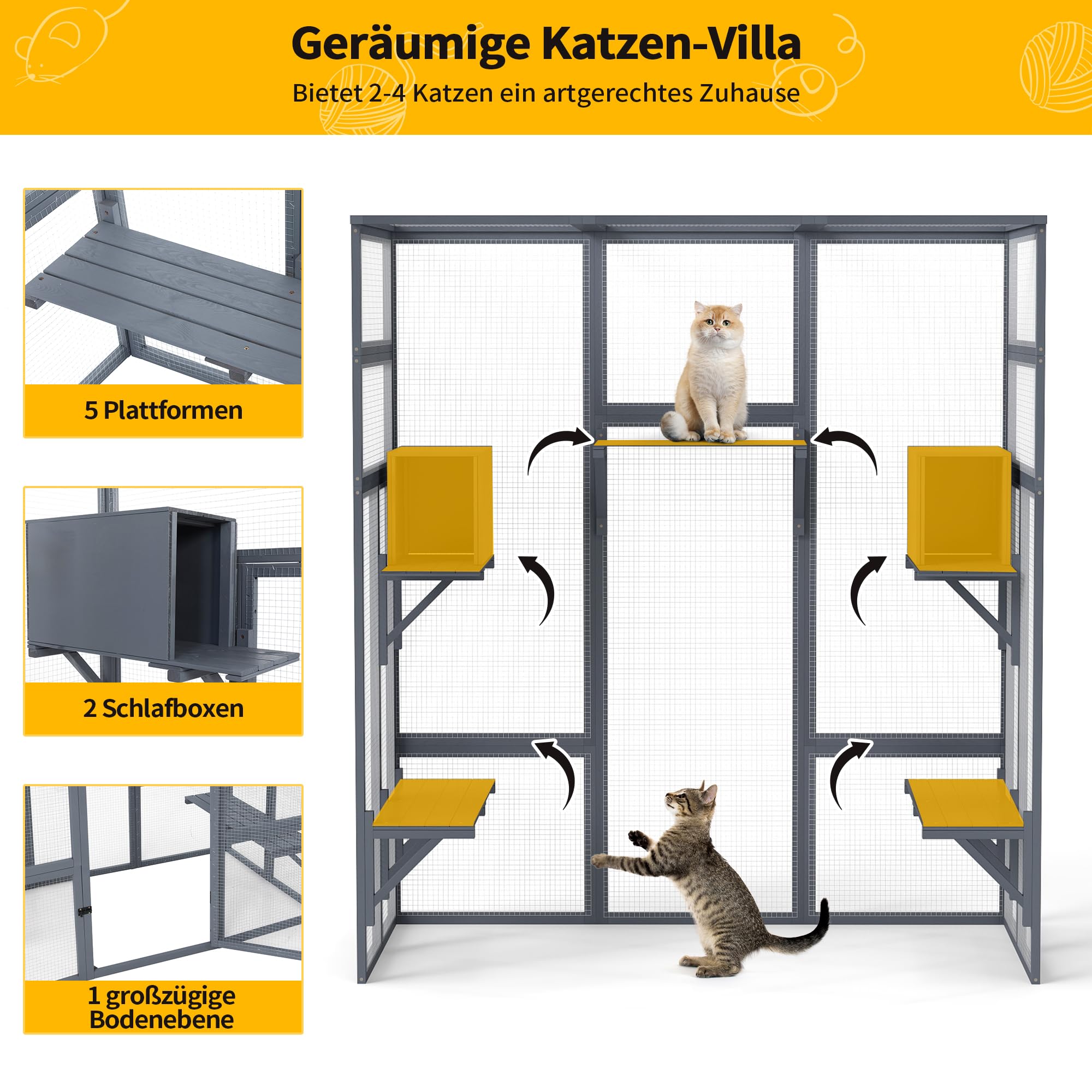 Catio Zewnętrzny wybieg dla kotów, duży wybieg dla kotów, 159 x 82 x 178 cm, domek dla kotów z mostami, spacerami, małymi domkami, zadaszeniem (kolor ciemnoszary)
