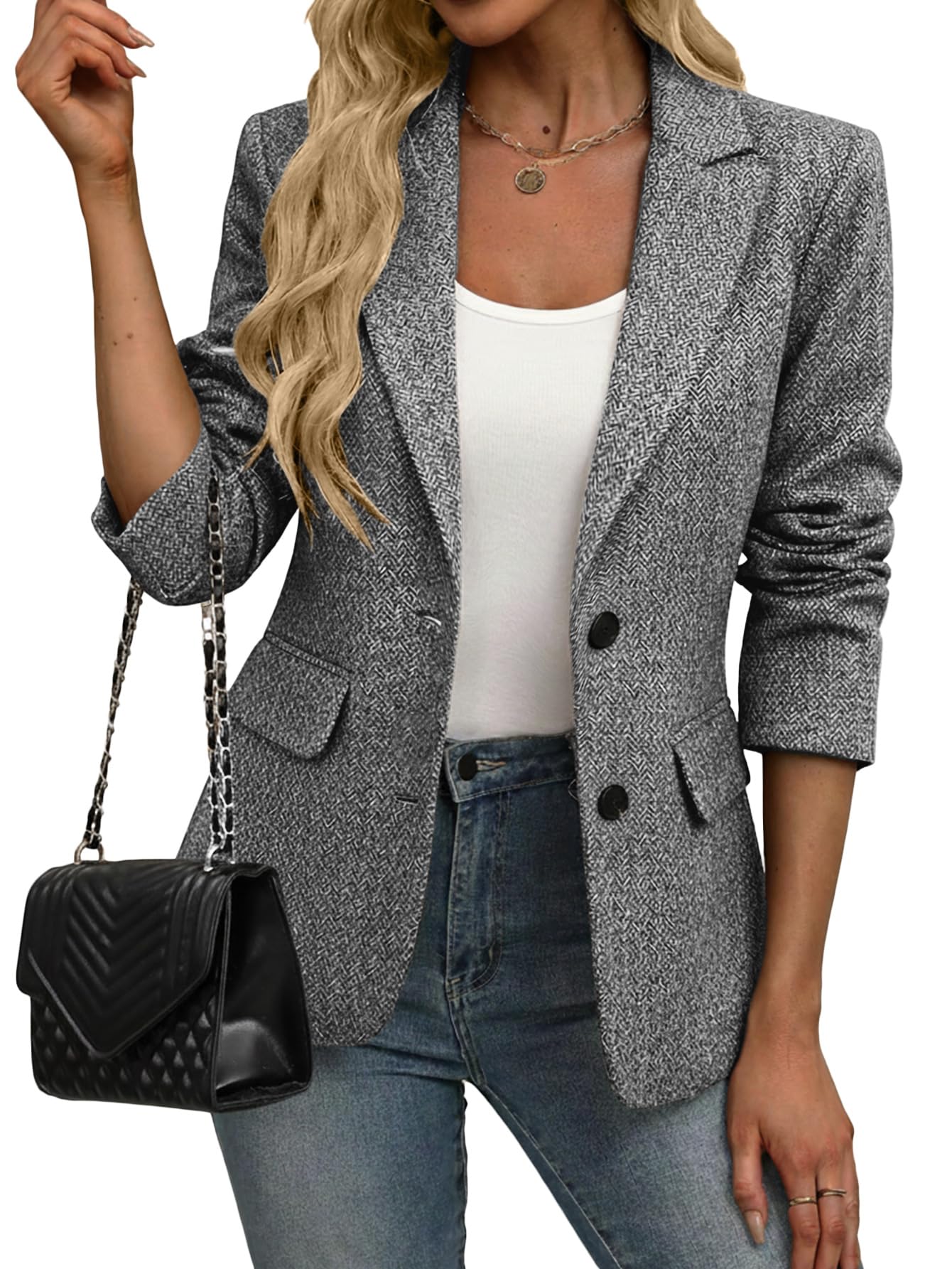 Mina Self 2025 Fall Winter Herringbone Blazer Women - Notched Lapel Open Front Business Casual Blazer with Pockets