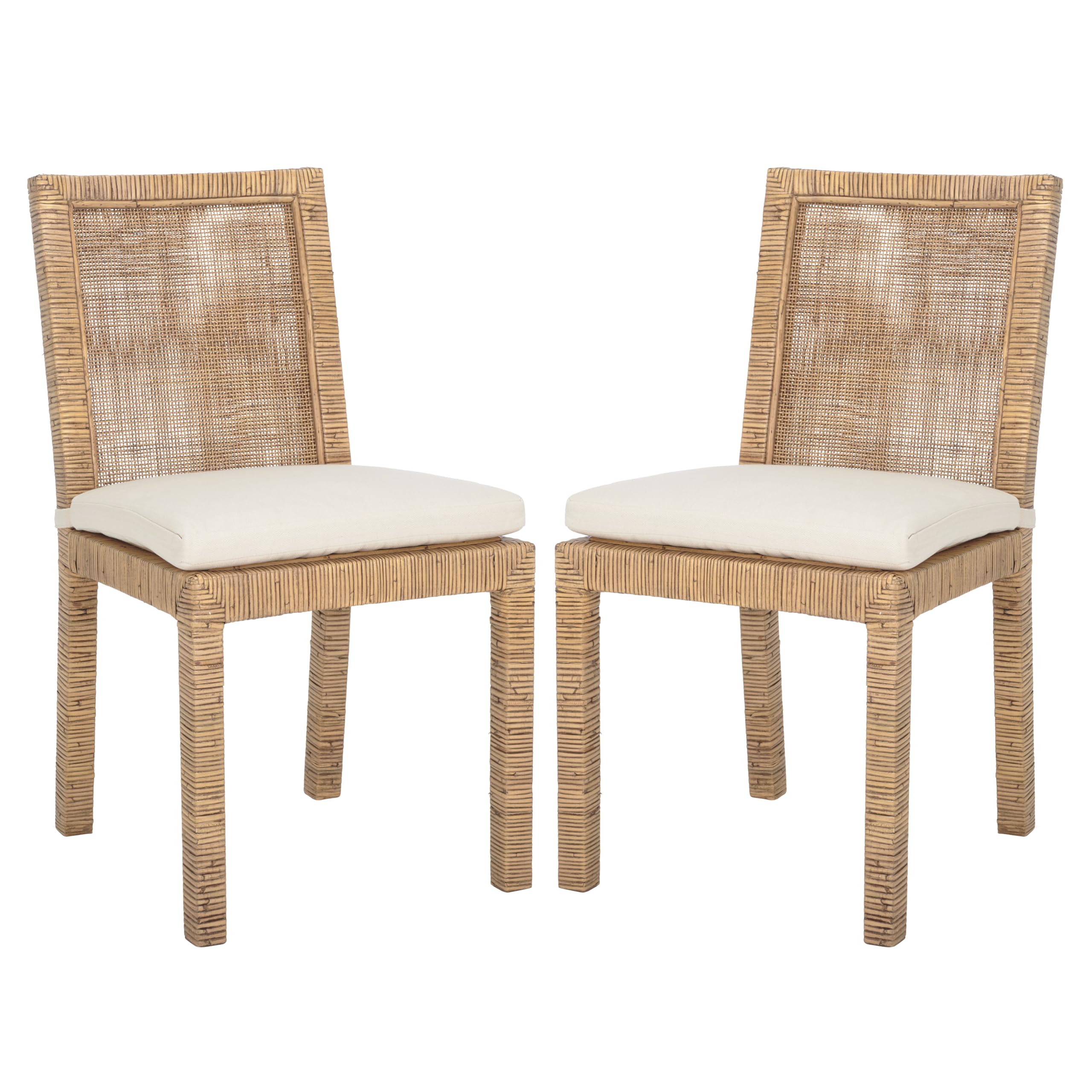 SAFAVIEH Home Collection - Tojo Dining Chair Set of 2 with Cushion, Handwoven Cane Rattan, Honey Brown Wash, Modern Coastal Dining Accent (