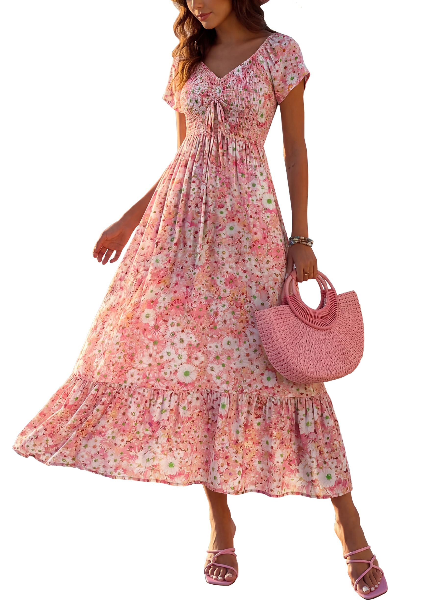 Summer Smocked Boho Maxi Dress for Women 2026 Short Sleeve Floral Smocked Flowy Ruffled Beach Vacation Dresses Lightweight