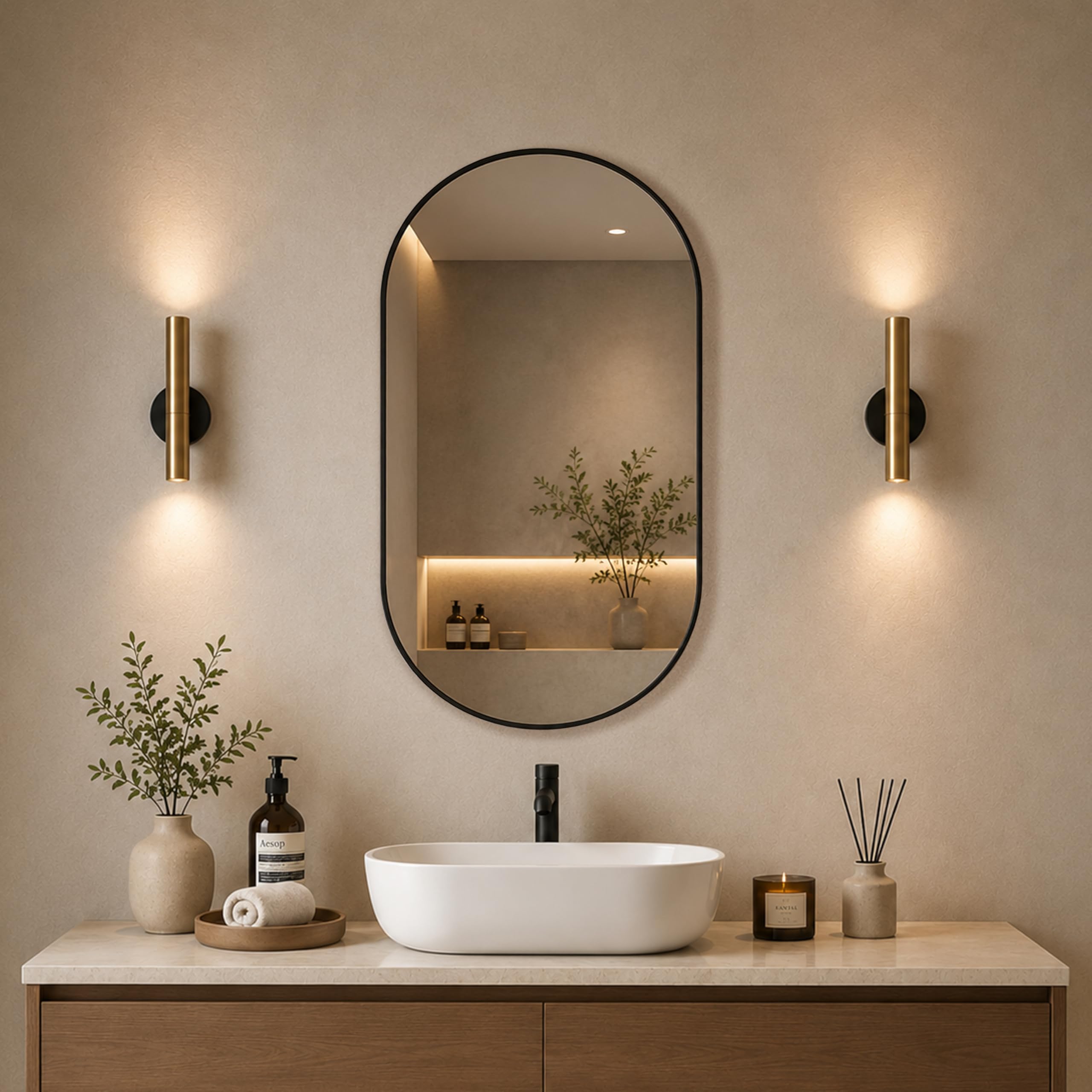 WASSMIST Capsule Shape Wall Mirror 18x30 Inch | Modern Oval Bathroom Mirror | Frameless HD Glass Vanity Mirror for Home-image-1