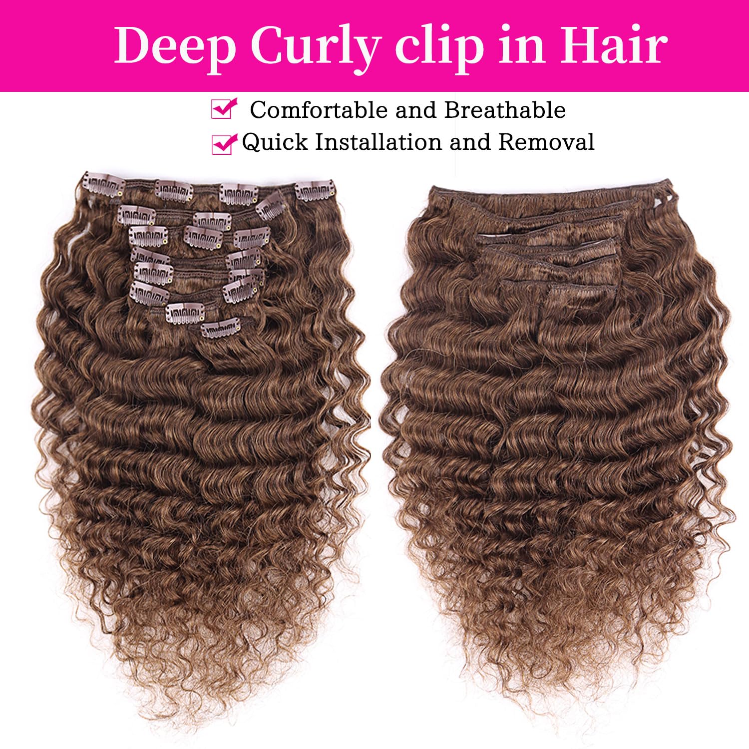 Wepwcod Deep Curly Hair Extensions Clip in Hair Extensions Real Human Hair 8Pcs With 18 Clips Clip in Hair Extensions for Women Deep Curly Clip ins Soft & Natural 120g (Brown-Deep - Image 2