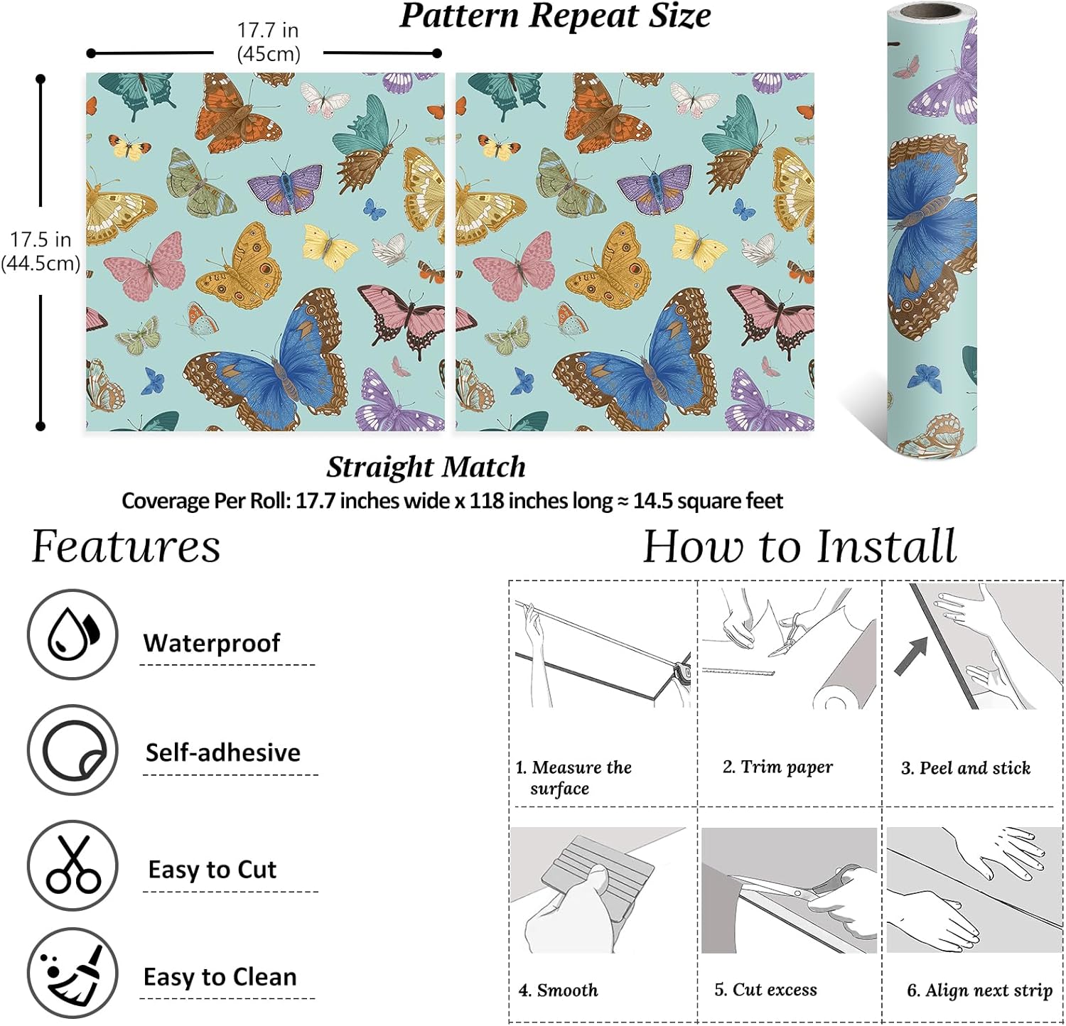 VEELIKE Blue Butterflies Peel and Stick Wallpaper Vintage Insect Wallpaper Mural for Bedroom Nursery 17.7''x118'' Self Adhesive Removable Butterfly Wall Mural Blue Contact Paper for Cabinets Drawers