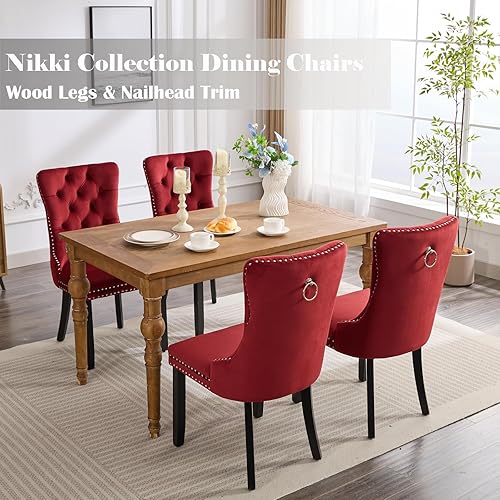 Miniatura 22 de Juego de 4 sillas de comedor de terciopelo beige, sillas de comedor tapizadas con adorno de tirador de anillo trasero y patas de madera maciza,