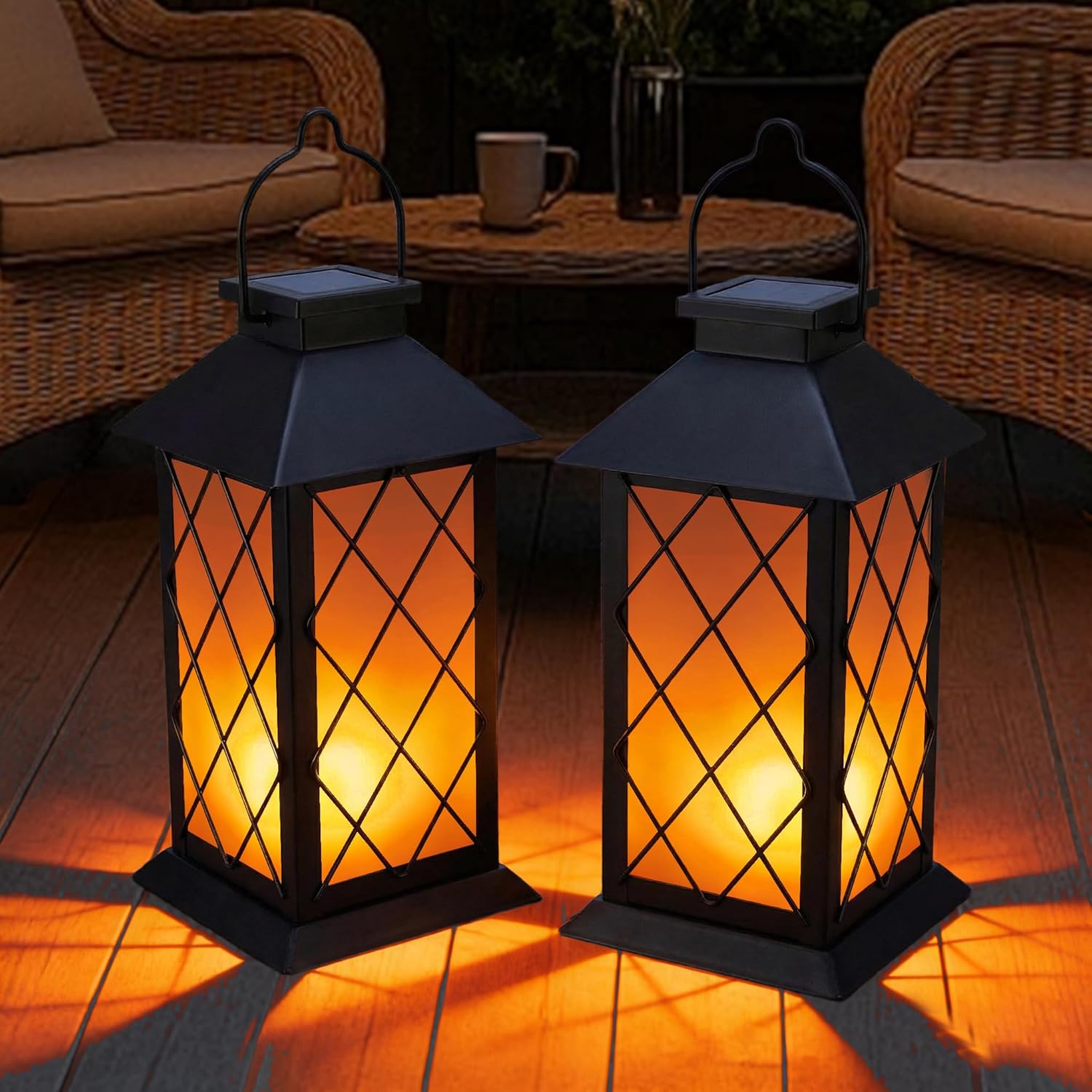 Solar Lanterns Outdoor Waterproof, 2 Pack 13" Metal & Glass Hanging Solar Lantern Lights, Cross Pattern IP46 Decorative Outdoor Solar Lanterns for Patio Table Yard Porch Garden Decor