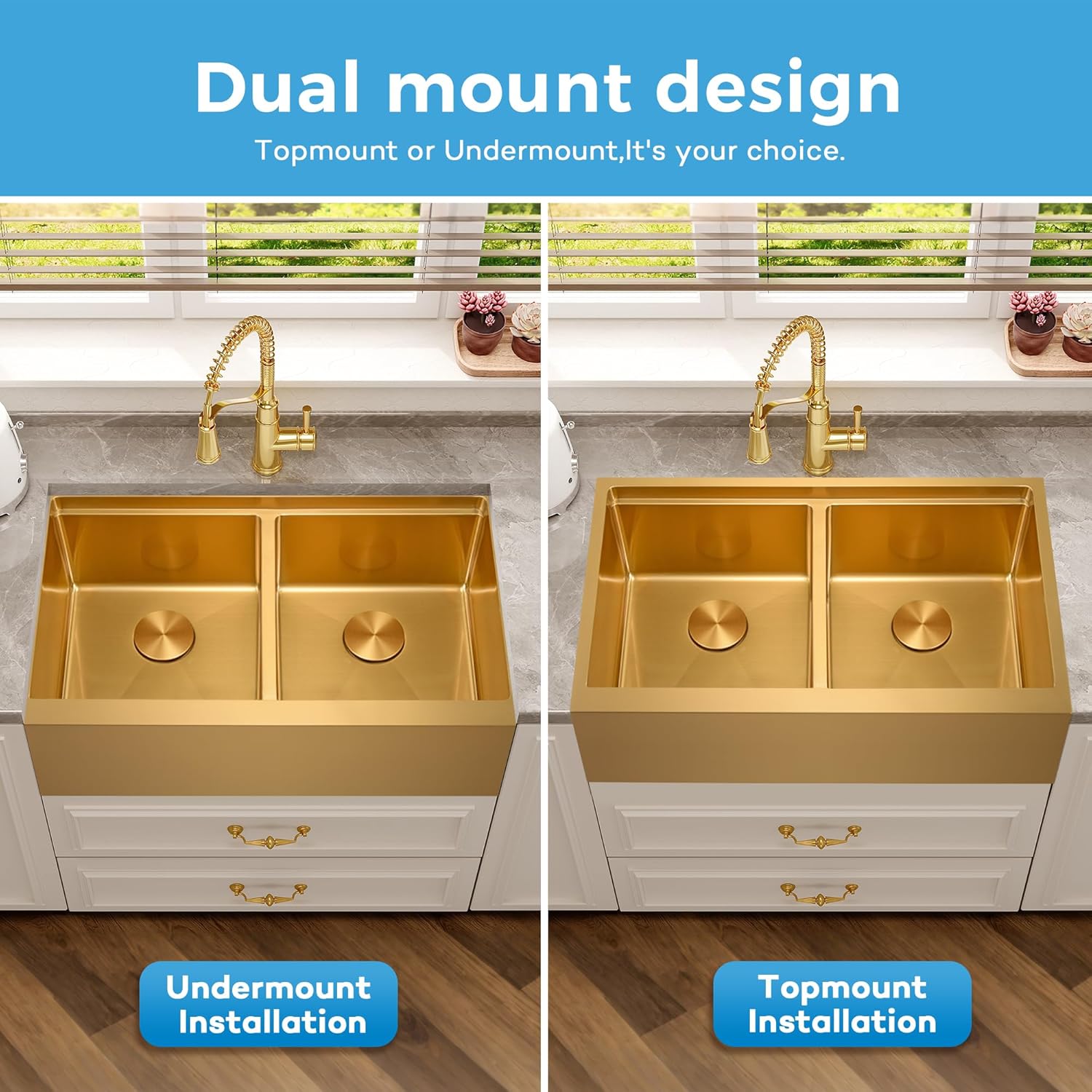 Kitsitchen Gold Farmhouse Kitchen Sink 28 Inch, 16-Gauge SUS304 Stainless Steel Farm Sinks, 50/50 Double Bowl Workstation Sinks with Accessories, 10" Deep Apron Front Undermount Kitchen Sink