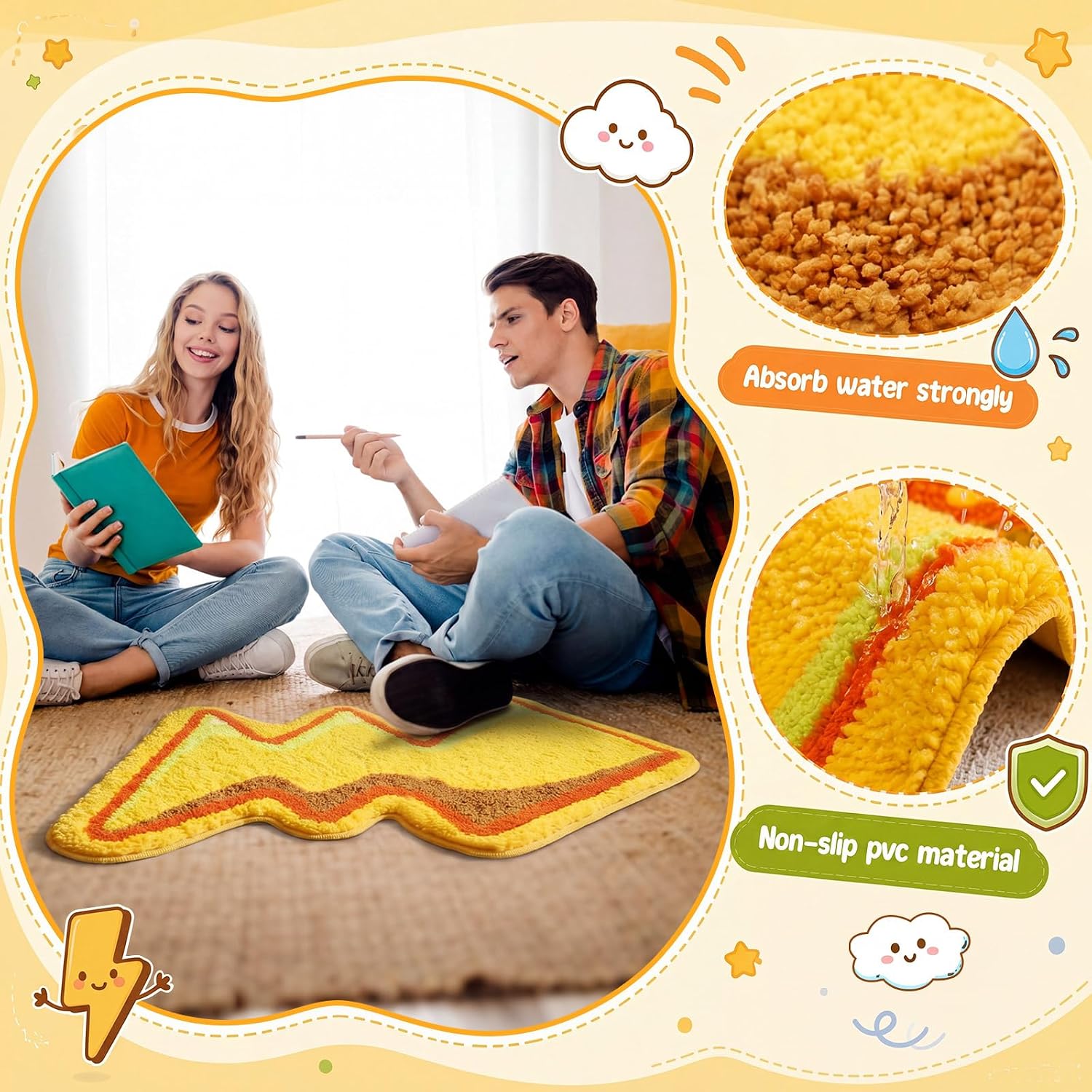 Tinideya Lightning Shape Bathroom Rugs for Birthday Decoration Non-Slip for Bedroom Kitchen Cartoon Soft Bathmat Machine Washable Friendship Fans Favor Decoration