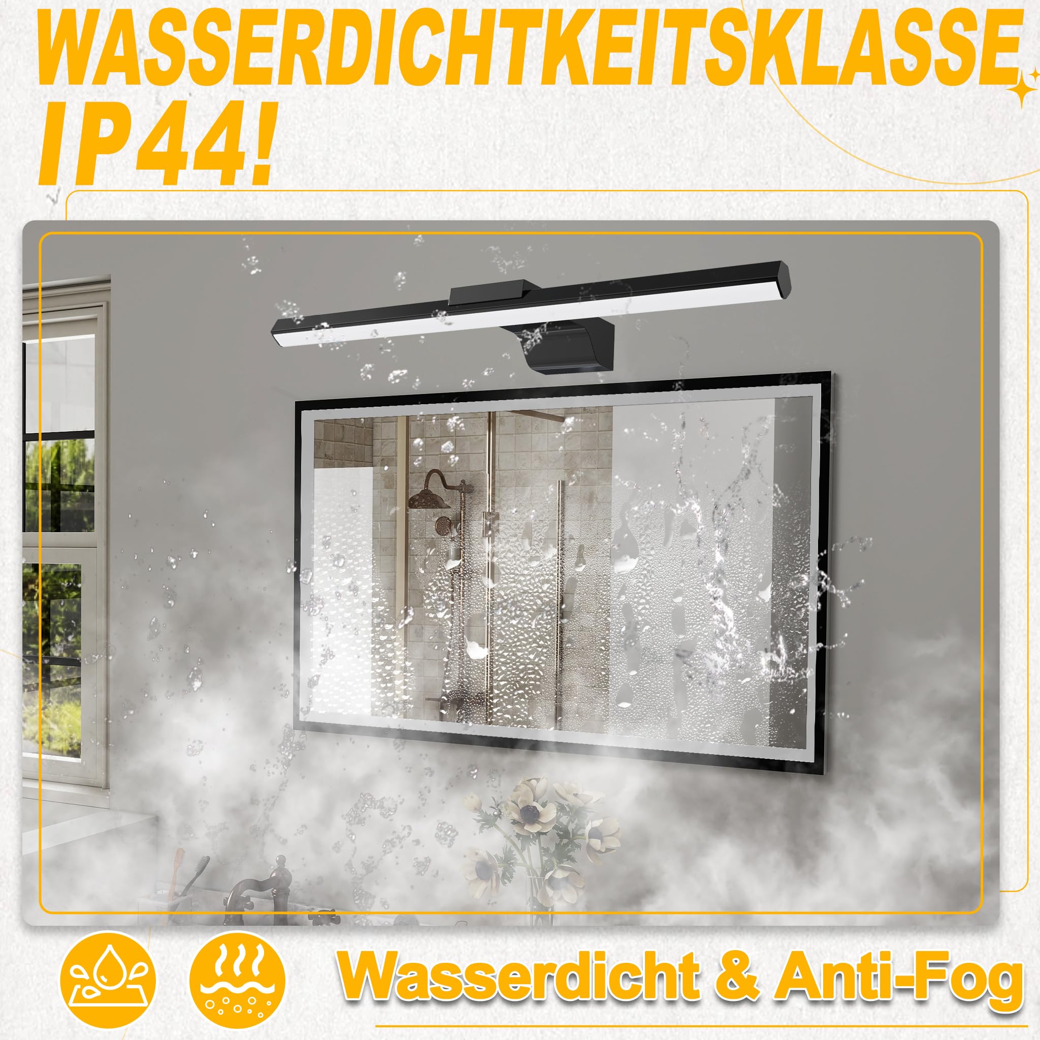UISEBRT 15W 60cm Spiegellampe Badezimmer, Badlampe Wand, Spiegelleuchte Bad mit 1050LM, Schwarz Badezimmer Lampe Modern IP44 Schrankleuchte für Wandbeleuchtung und Spiegel Beleuchtung, Typ B Warmweiß