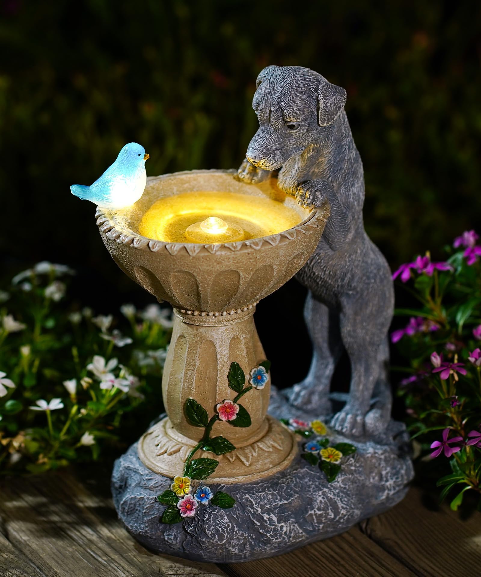 Solar Hund Figuren mit Solar Vogelleuchten Deko für Außen：Lustige Hunde Gartendeko Hundebesitzer Geschenk für Frauen Mama - Wasserdicht Deko für Garten Balkon Terrasse