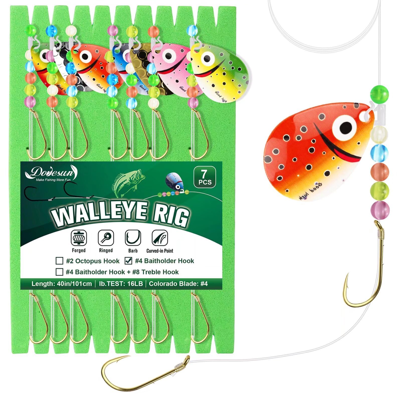 Dovesun Walleye Rigs 16lb Walleye Spinner Rig Crawler Harness with Unique Smile Blades Worm Harnesses for Walleye Fishing 2 Hooks 7PCS