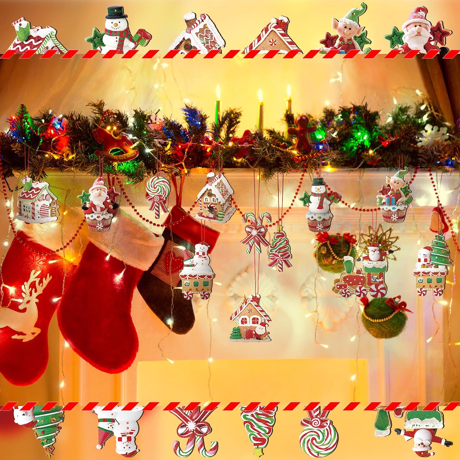 Weysat 24 Pcs Christmas Gingerbread Ornaments Candy House Colorful Christmas Tree Ornaments Wood Train Gingerbread House Hanging Decor with Red Ribbon for Xmas Tree Hanging Decor