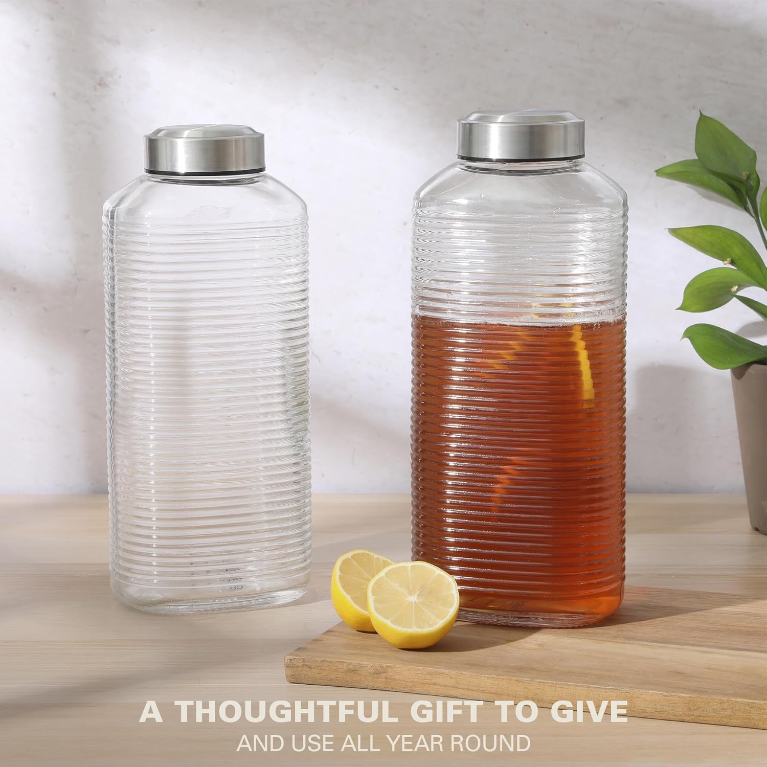 Gibson Home Aspen Heights 2 Pack 64 OZ (1.9 Liters) Large Embossed Reusable Glass Bottles w/Airtight Leakproof Stainless Steel Lid, Pitcher for Water, Milk, Juice - Dishwasher Safe