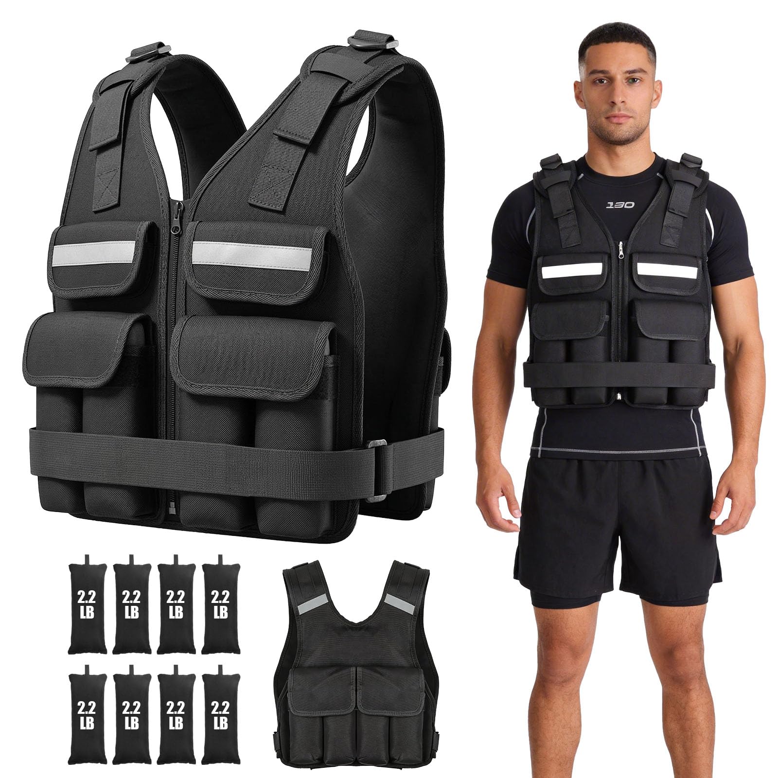 Weighted Vest with Reflective Stripe, Adjustable 0.9kg to 8kg Weight Vest for Women Men, Convenient Pocket Weighted Vests for Gym Workouts, Yoga Training, Aerobic Exercises Walking, Strength Training