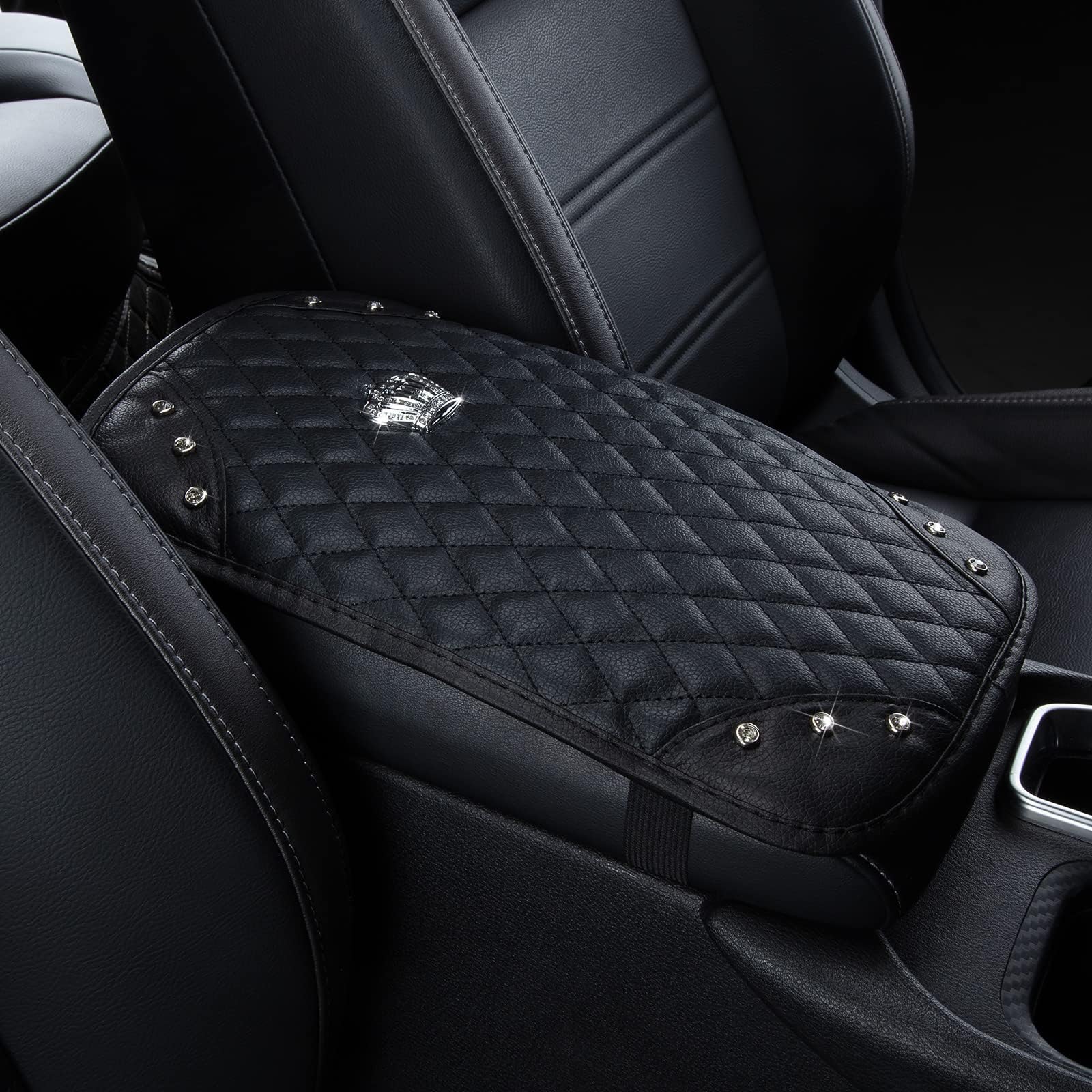 eing Pu Leather Center Console Cover with Crown,Decoration Pad Cushion(13 x 7 inch),Black