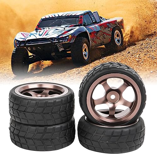 Miniatura 6 de Mxfans Llantas de aleación de aluminio gris de 5 radios y neumáticos de goma con patrón cuadrado negro para RC 110 On Road Racing Car Set de 4