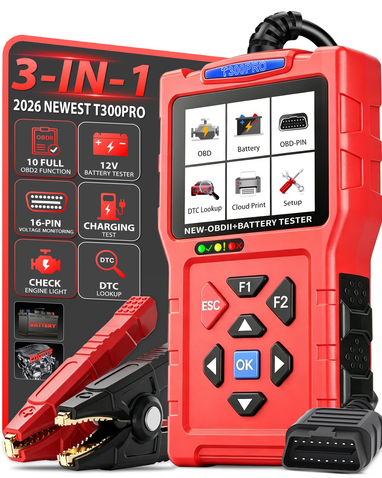 OBD2 Scanner and Battery Tester, 3-in-1 Car Code Reader with Cranking Test
