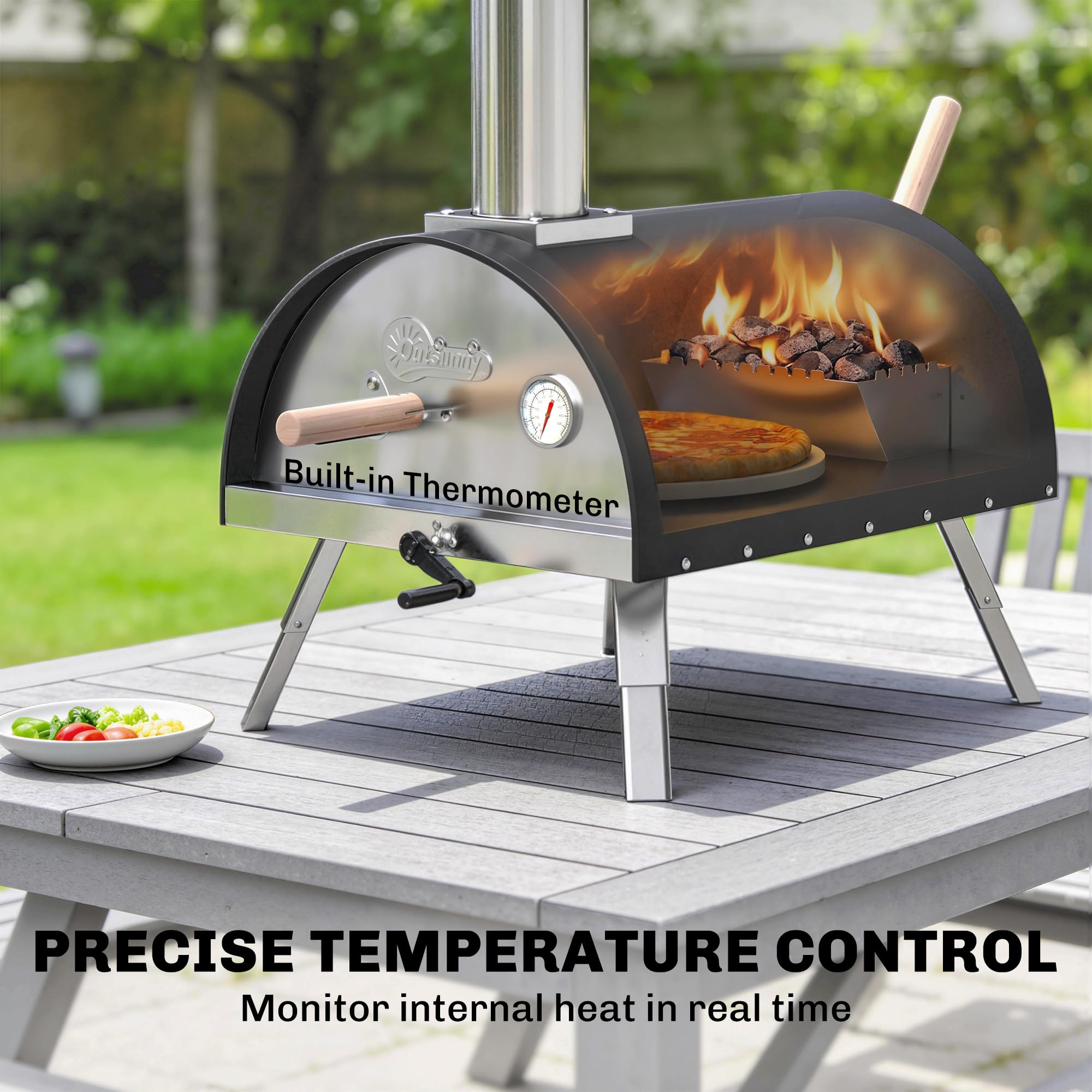 Outsunny Horno de pizza al aire libre de 12 pulgadas para mesa, portátil de pellets de madera con piedra giratoria, termómetro, chimenea extraíble, pelar, patas plegables, parrilla de acero inoxidable