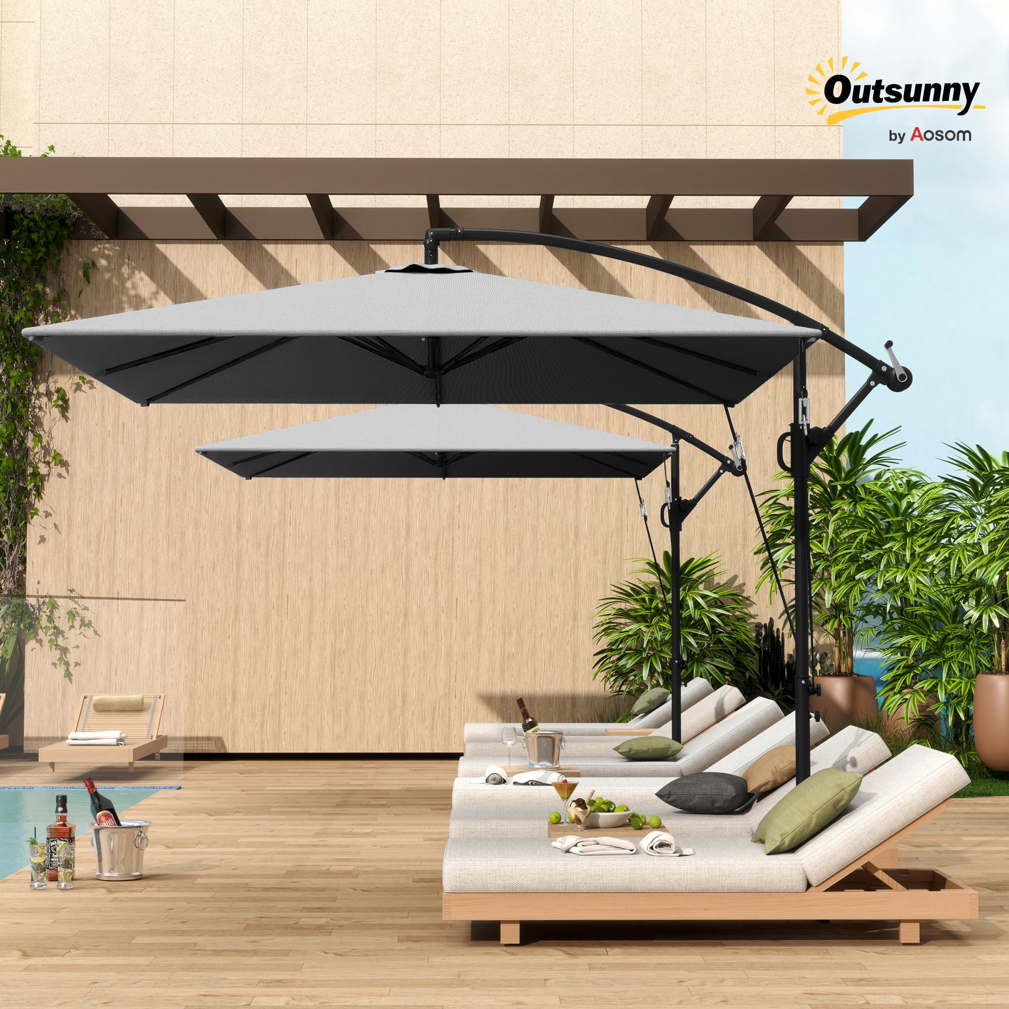 Outsunny Ombrellone Decentrato 2.5x2.5 m con Copertura, Corde Antivento, Base a Croce e Manovella, Ombrellone da Giardino Inclinabile e Girevole a 360° in Metallo e Poliestere 180 g/㎡, UV50+, Grigio