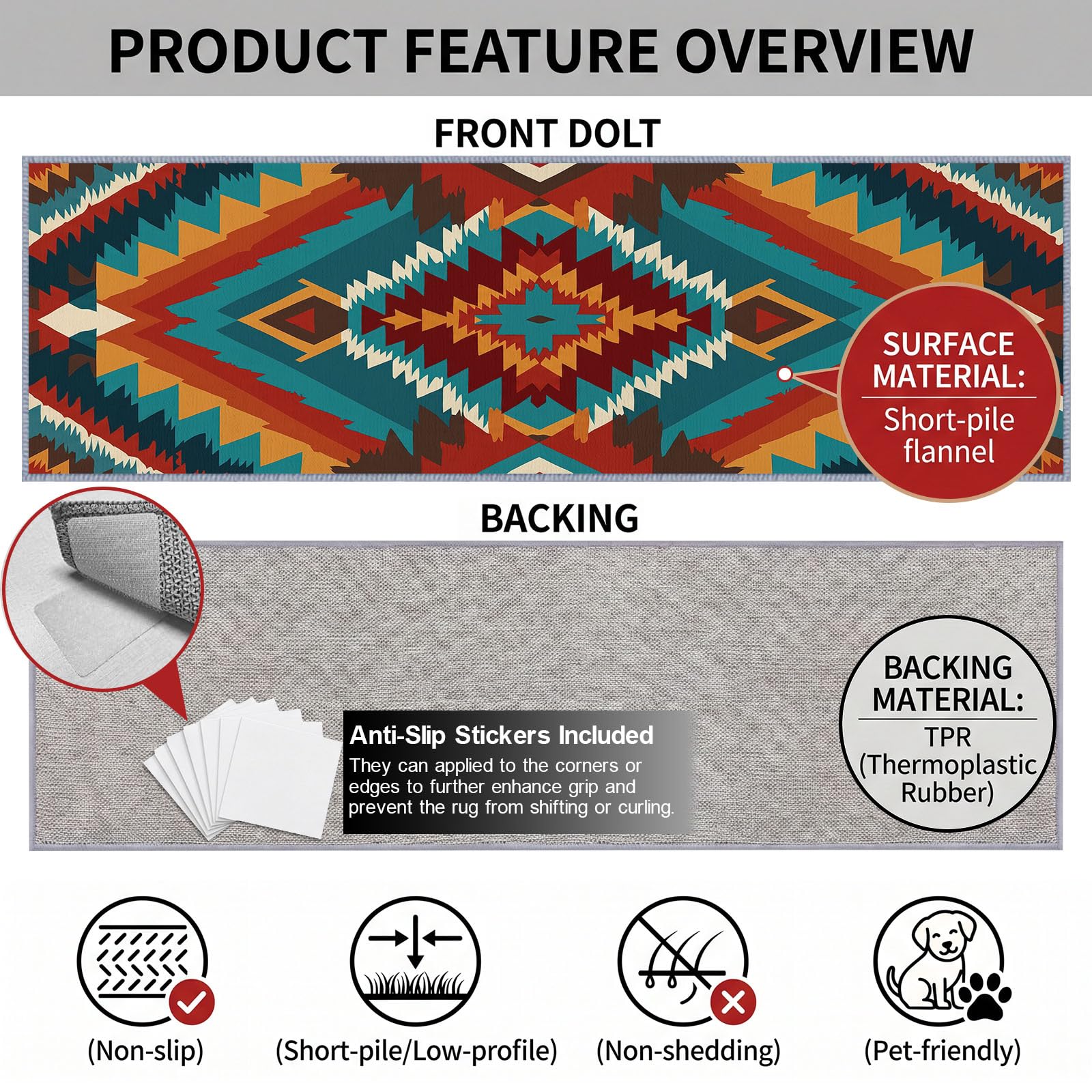 Boho Tribal Aztec chodnik 60 x 240 cm, czerwone romby rdza żółty ochra ciemny brąz antypoślizgowy i nadający się do prania w pralce, miękkie krótkie włosie do kuchni, przedpokoju, sypialni, biura i