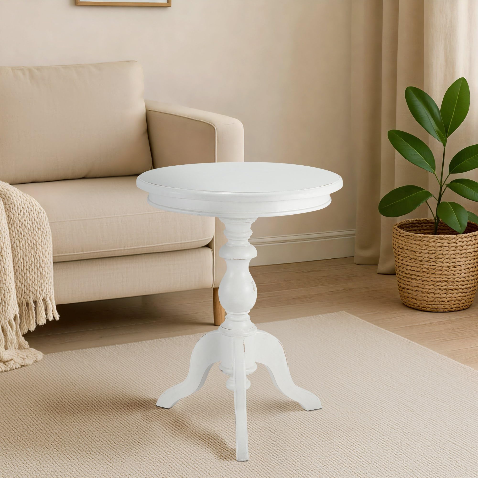 CLP Tavolino rotondo Wiva in legno, tavolino da 50 cm di diametro per soggiorno e sala da pranzo, in legno di Mindiholz di alta qualità, Colore:antico bianco