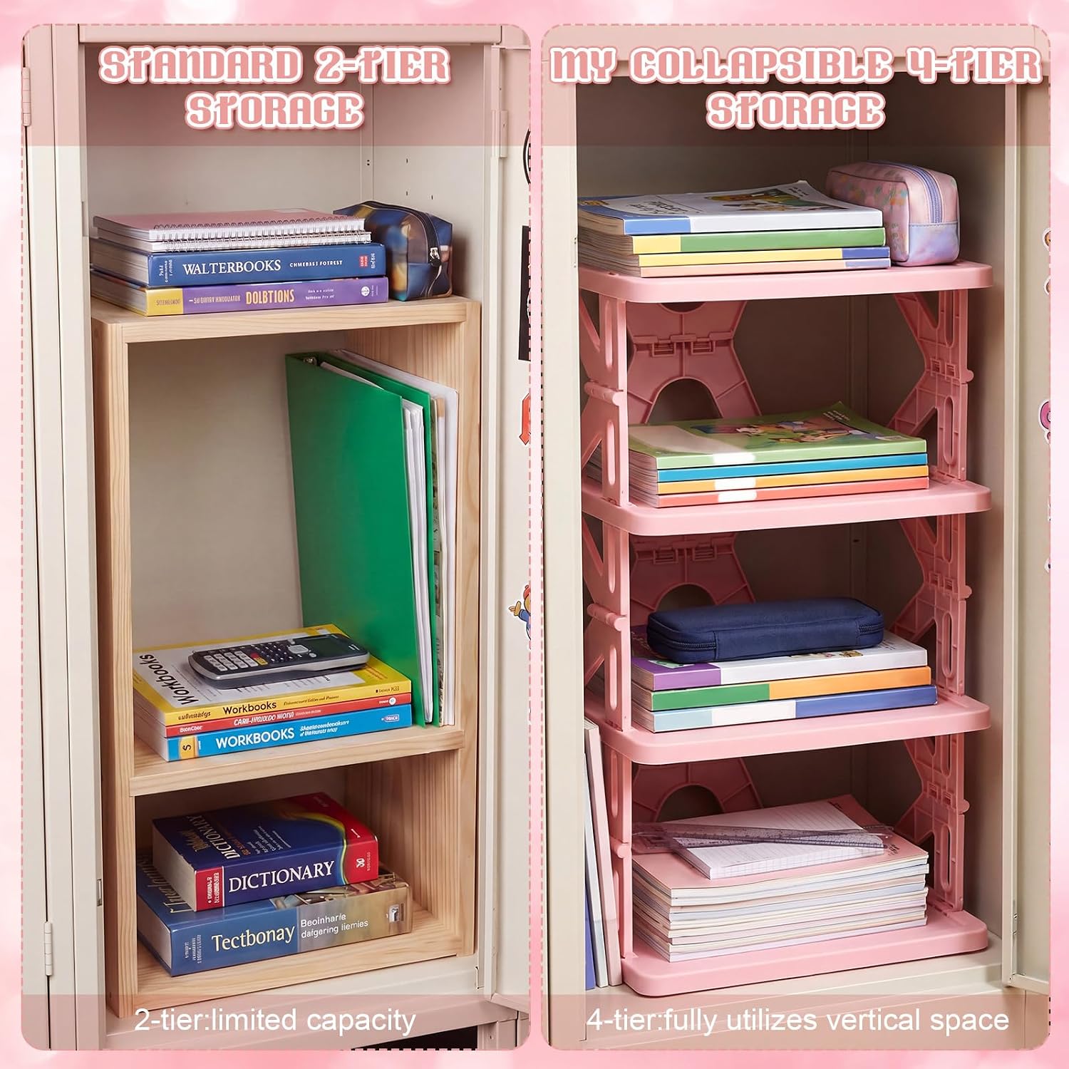 Lineshading 4 Tier Foldable Locker Organizer Shelf School Storage,Pink image 4