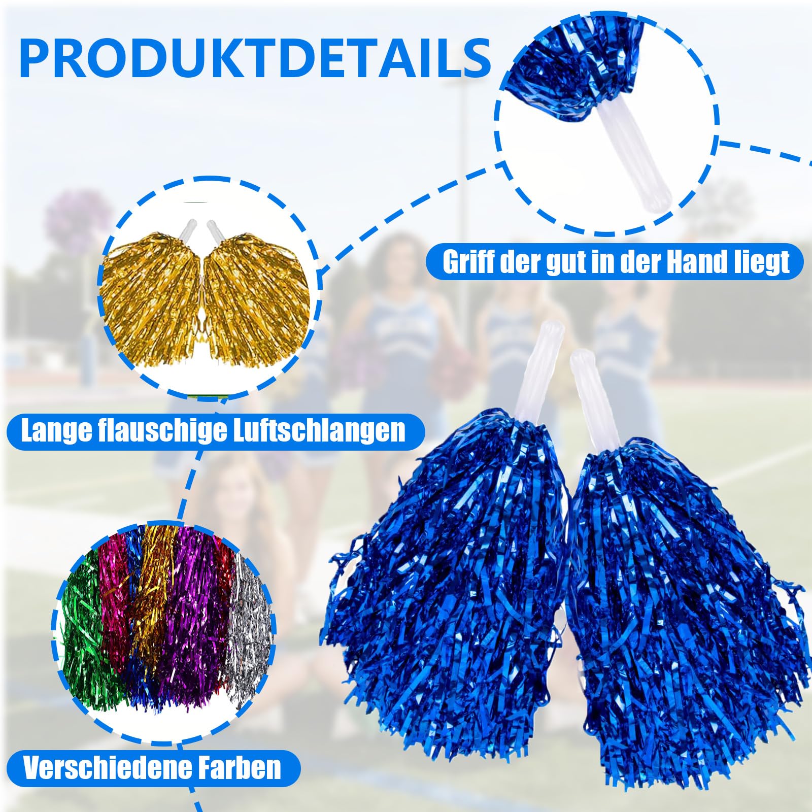 14 Stück Cheerleader Pompons, 7 Farben, mit Handgriffen - Leicht, tragbar