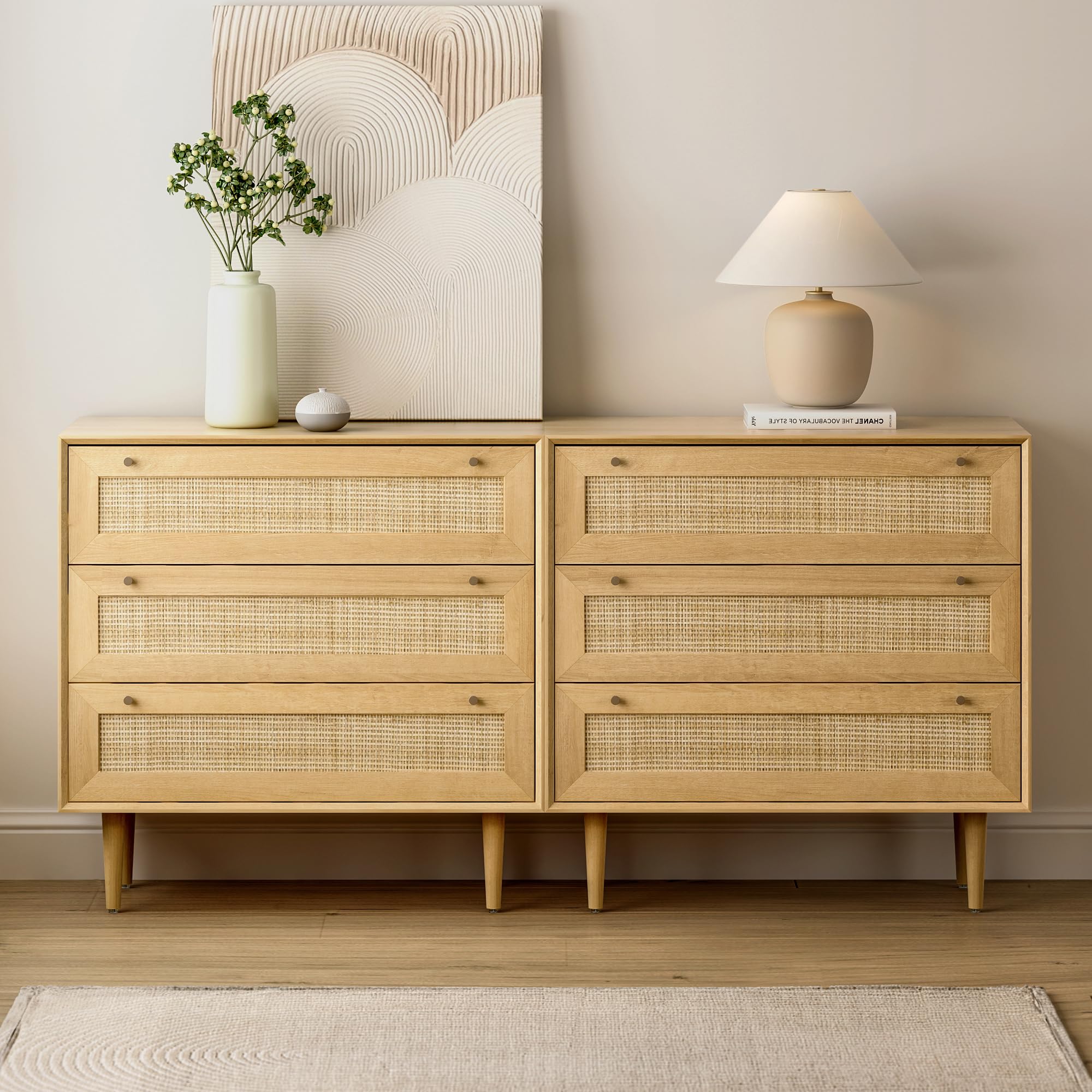 MoomJiee Rattan 3 Drawer Dresser Set of 2, Mid-Century Chest of Drawers with Storage Boho Closet Dresser Wood Storage Organizer for Bedroom Living