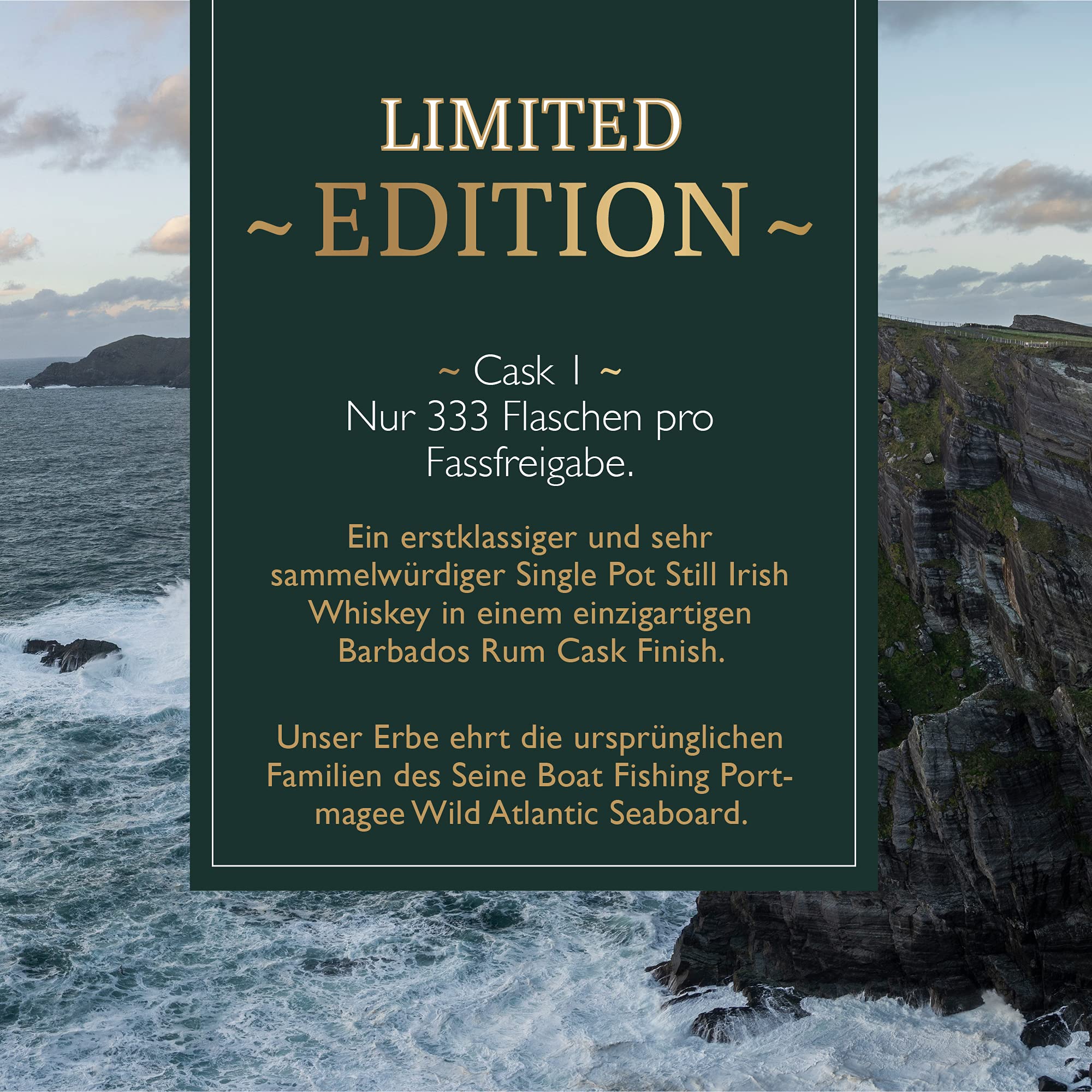 Portmagee Single Pot Still Irish Whiskey I Premium Single Pot Still Whiskey I 3-fach destillierter irischer Whisky aus gemälzter & ungemälzter Gerste I Limited Whisky I Cask Number I 46% Vol. I 0,7 L