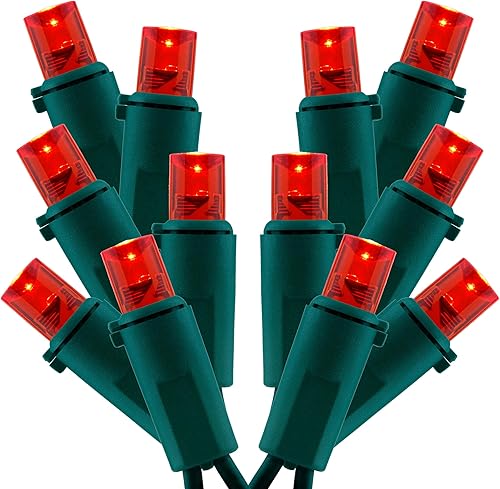 Luces de Navidad rojas de gran angular, paquete de 2 juegos de 25 pies, 100 LED, cable verde, 0.197 in, certificado UL, grado comercial, cadena de