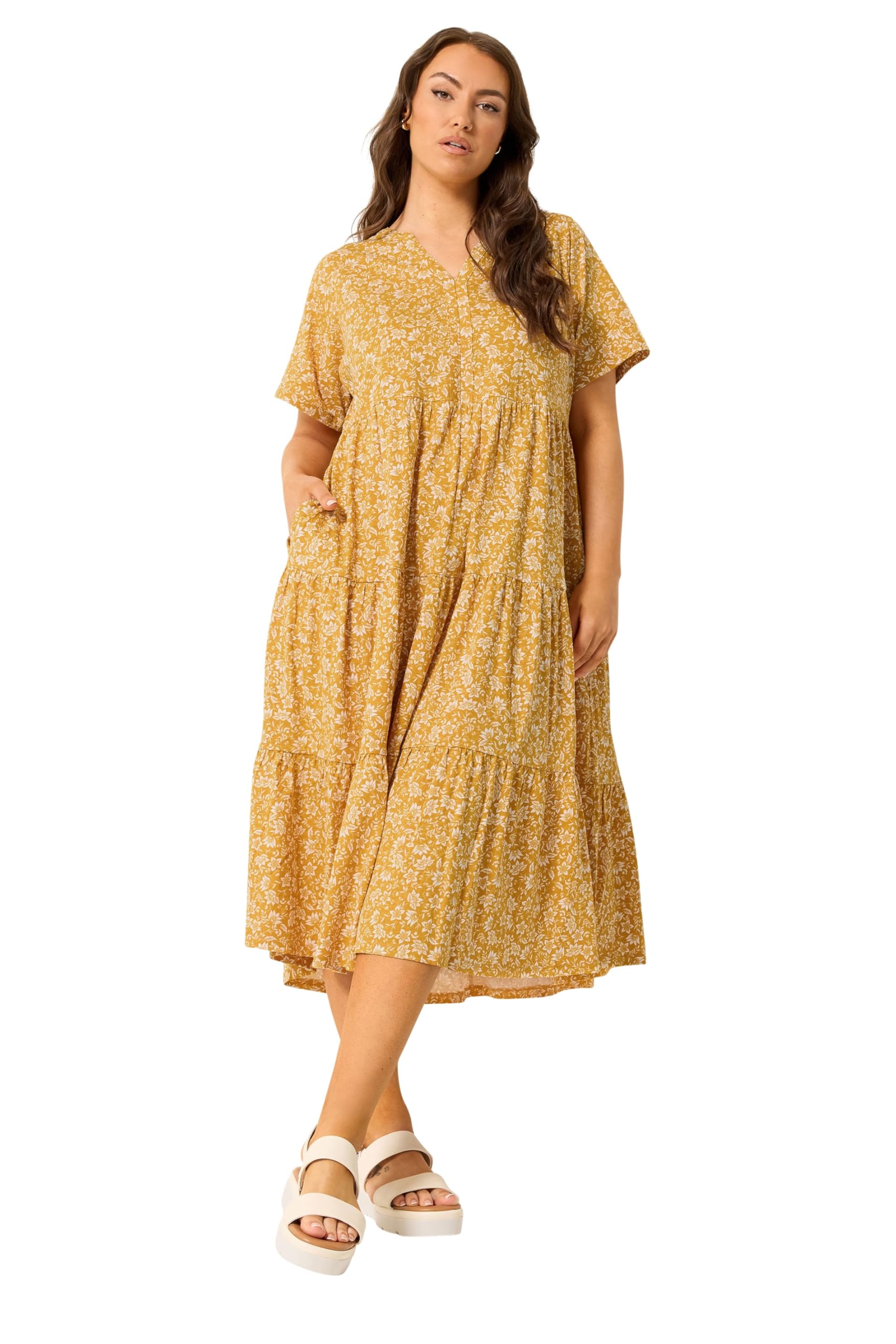 Yours Curve Yellow Floral Tiered Maxi Dress - Women's - Plus Size Curve