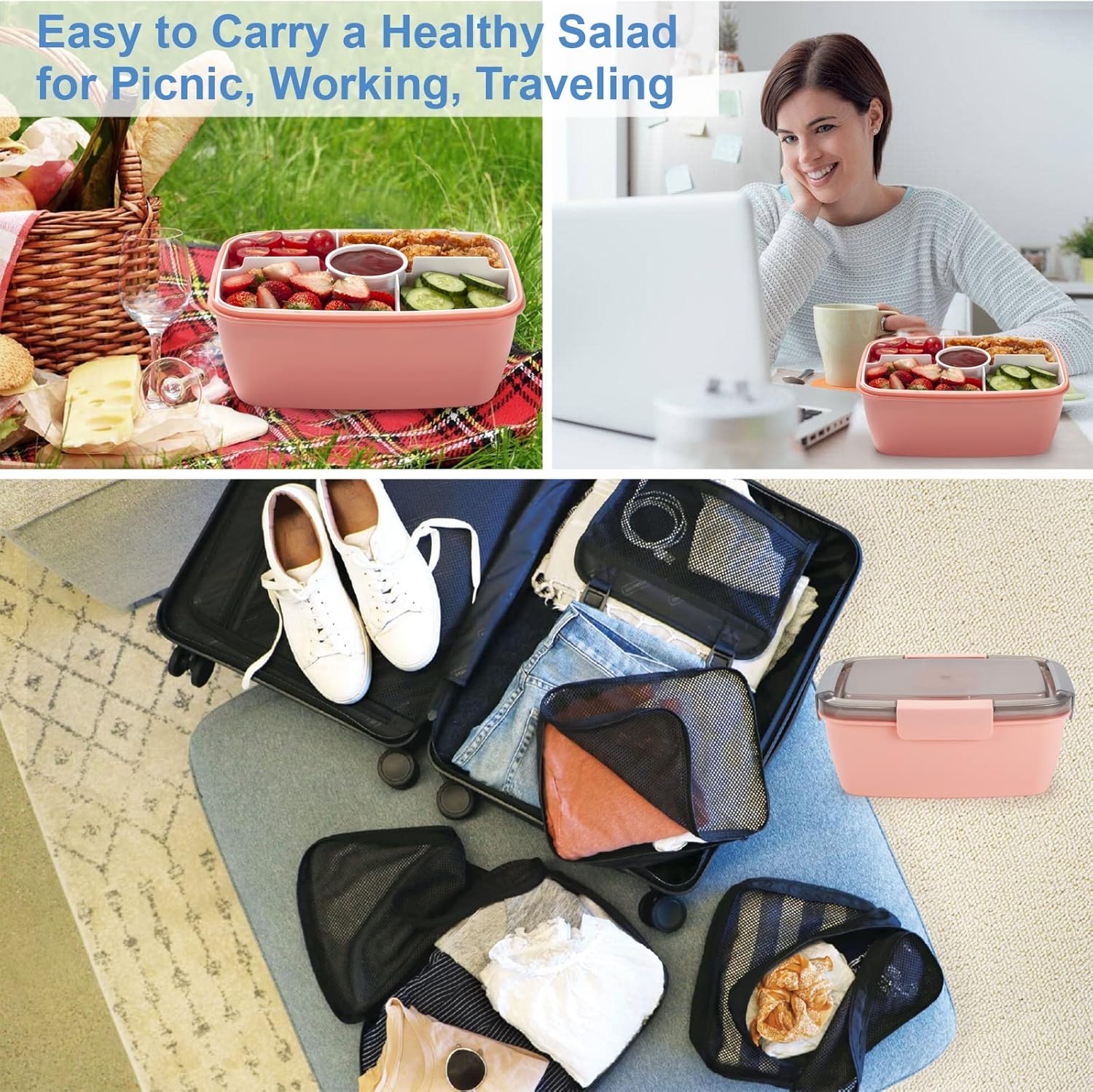 Freshmage Salad Lunch Container To Go, 68-oz Bowls with 4 Compartments, Dressing Container for Toppings, Snacks, Men, Women (Pink-XL) - Image 7