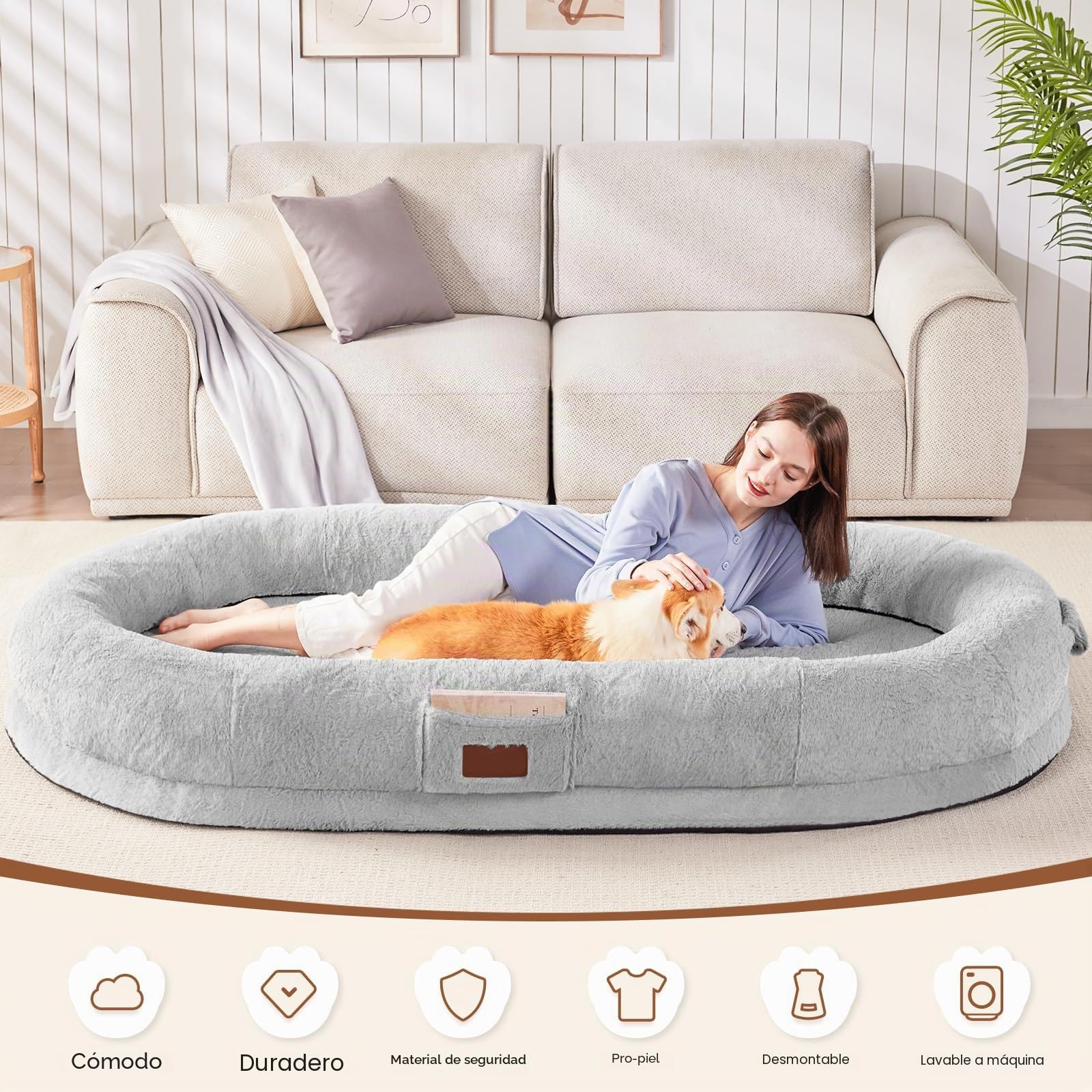 Cama para perros humanos para adultos, 180 × 122 × 25 cm, gigante cama puf con manta, lavable de piel sintética Nap cama ovalada, espuma viscoelástica grande extraíble para perros humanos gris