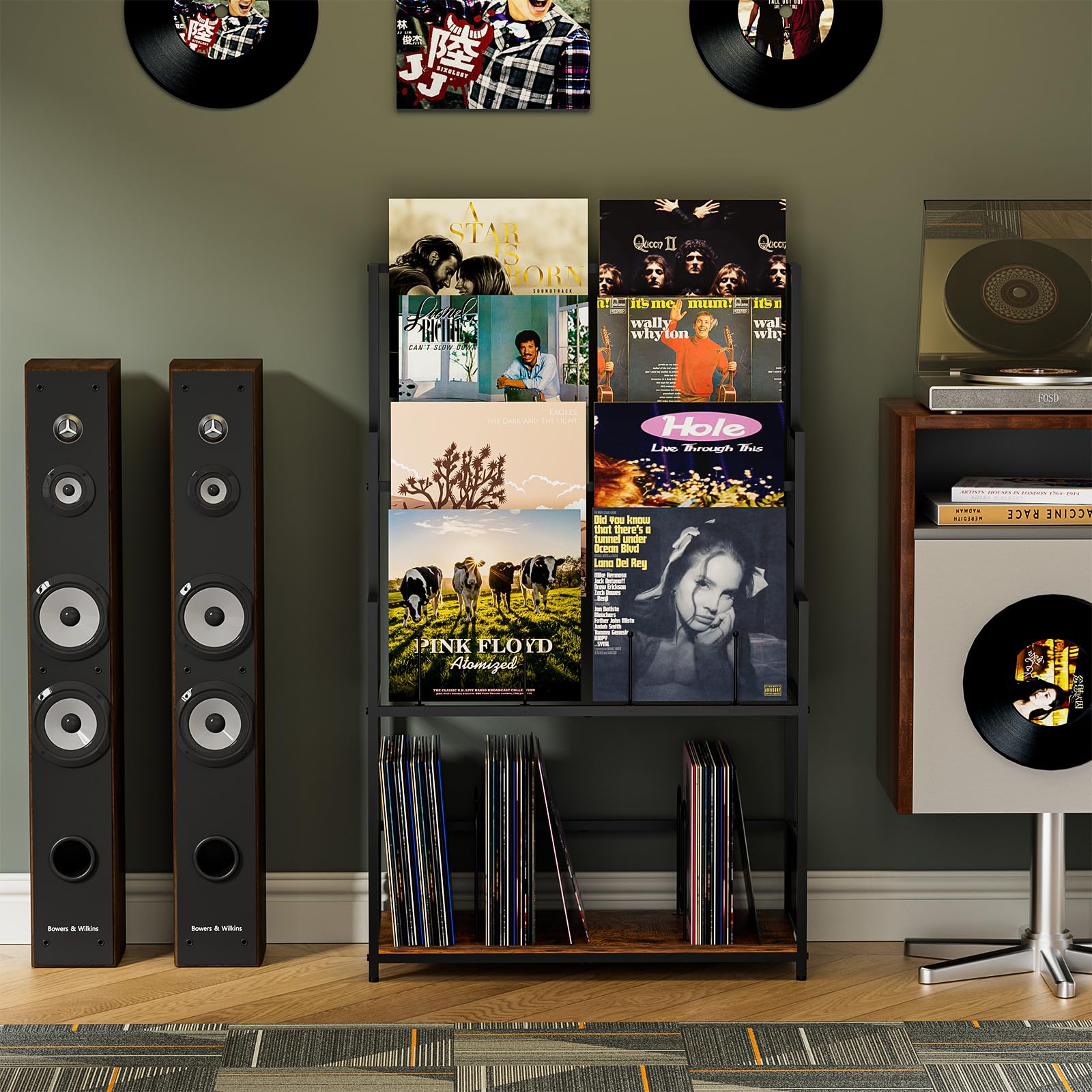 Soporte de almacenamiento de discos de vinilo de 5 niveles con estante de exhibición de discos, organizador de vinilo de gran capacidad, almacenamiento de 250-320 álbumes, estante de metal para LP, CD