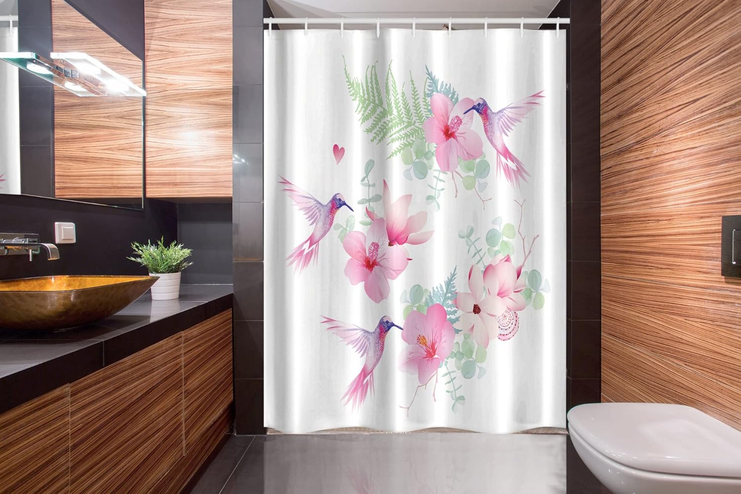 Ambesonne Hummingbirds Stall Shower Curtain, Tropical Summer Flying Avian Animal Theme Wild Nature Theme, Fabric Bathroom Decor Set with Hooks, 54" W X 78" L, Pink Purple