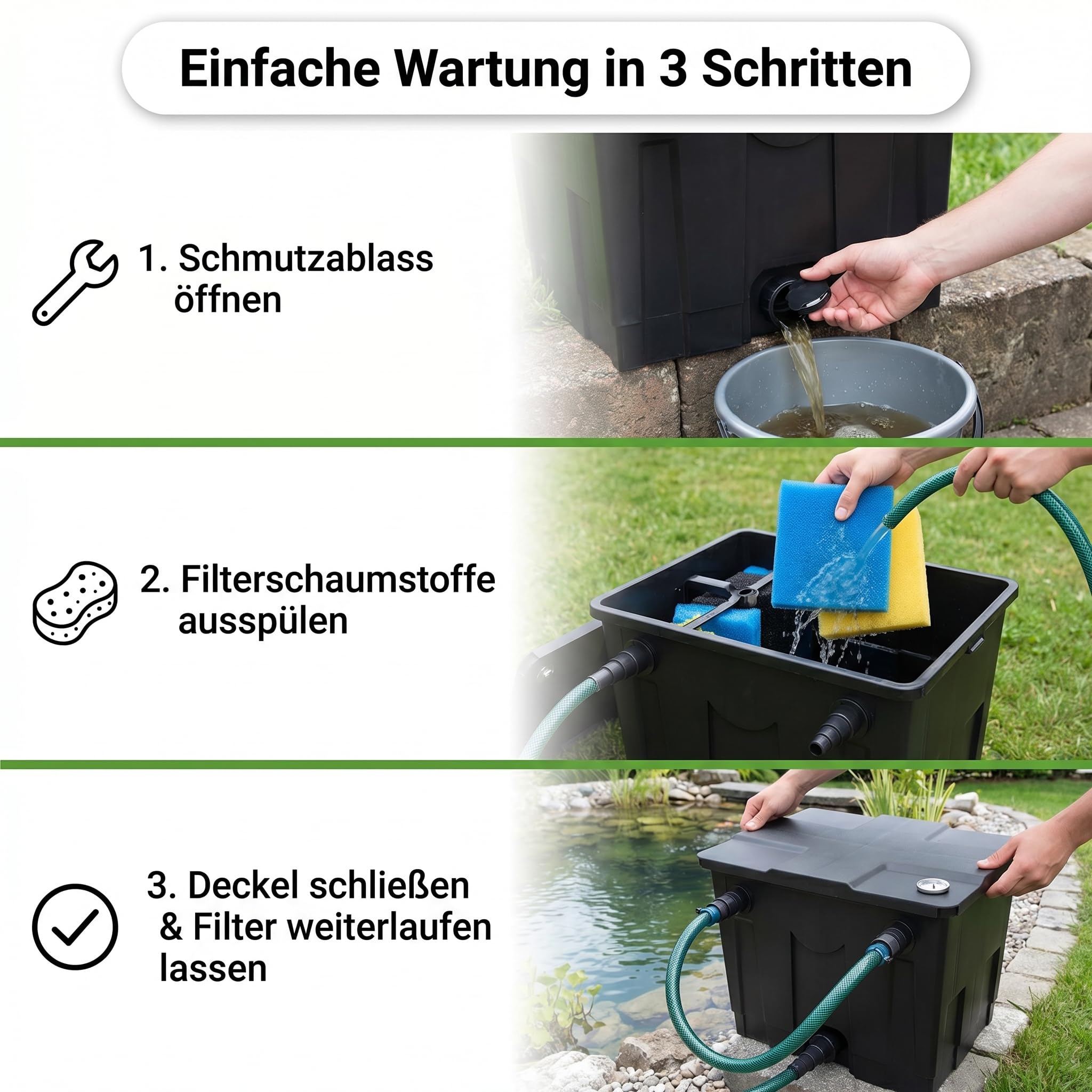 Pondlife Teichfilter CBF-350 Bio-Mehrkammer Durchlauffilter für Gartenteich bis 10.000 l, integriertes analoges Thermometer im Deckel, gestufte Schlauchtüllen, Schmutzablass zur einfachen Reinigung