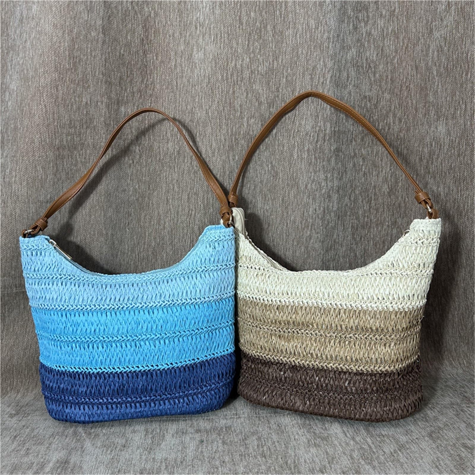 Bolso de Mano Tejido Calado Bolso de hombro tejido rafia a rayas degradadas, bolso Hobo informal verano for playa for mujer