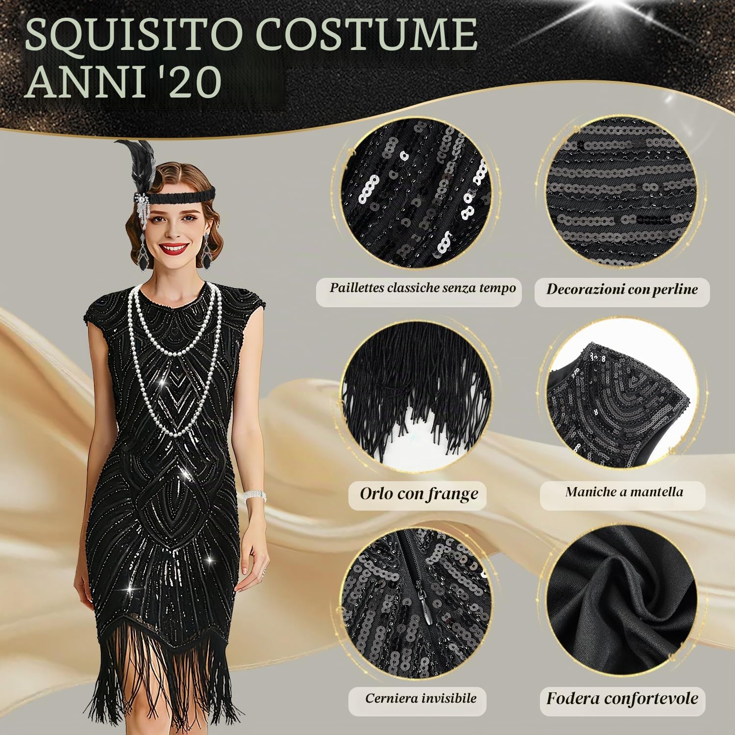 Vestito Anni 20 Donna,Costume da donna anni 20,abito da Charleston per Carnevale,Halloween,Ballo,Serata Festa