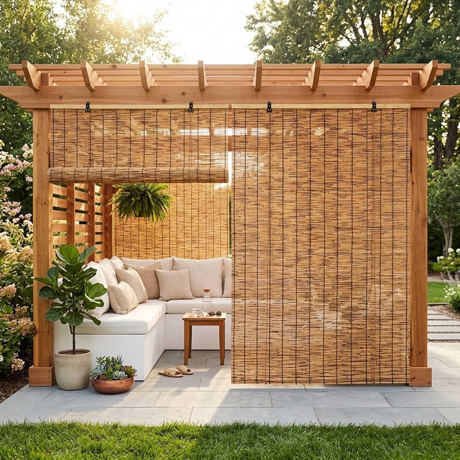 Bamboo Roller Shades for Patio, Light Filtering Roll Up Outdoor Shade Wide 24" 30" 36" 46" 48" 60" 72" 84" Privacy Reed Blinds for Window, Natural Sun Shade Bamboo Outside Porch Shade(64" W x 84" H)