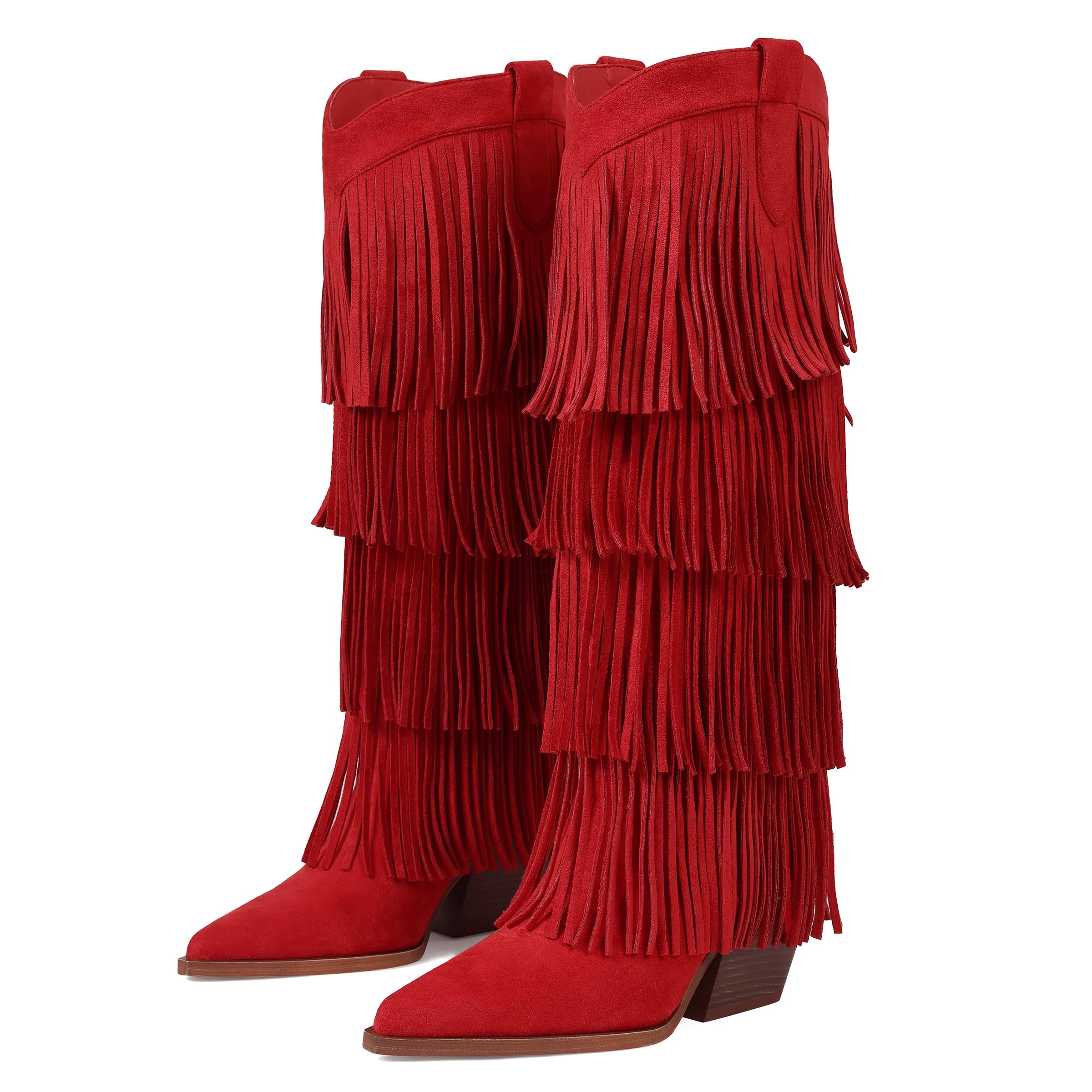 Womens Fringe Boots Knee High Cowboy Boots Chunky Heel Western Pointed Toe Slip on Wide Calf Cowgirl Boot