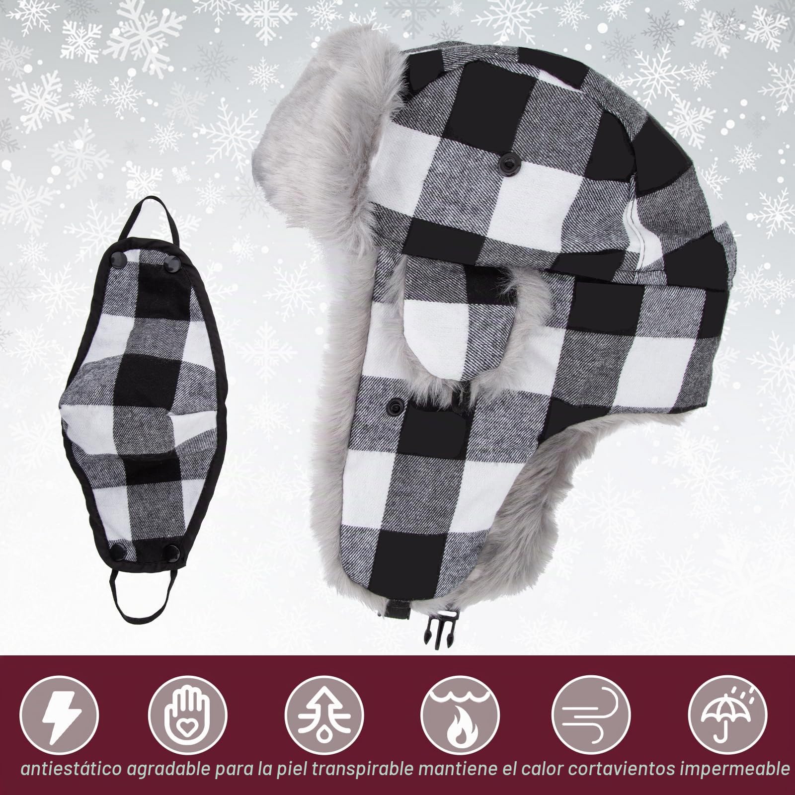 nonmon Sombrero de Trampero Unisex Impermeable Invierno Cálido Gorro de Aviador Ruso Bombardero de Piel Sintética con Orejeras y Mascara para Hombres Mujers Actividades al Aire Libre Esquí