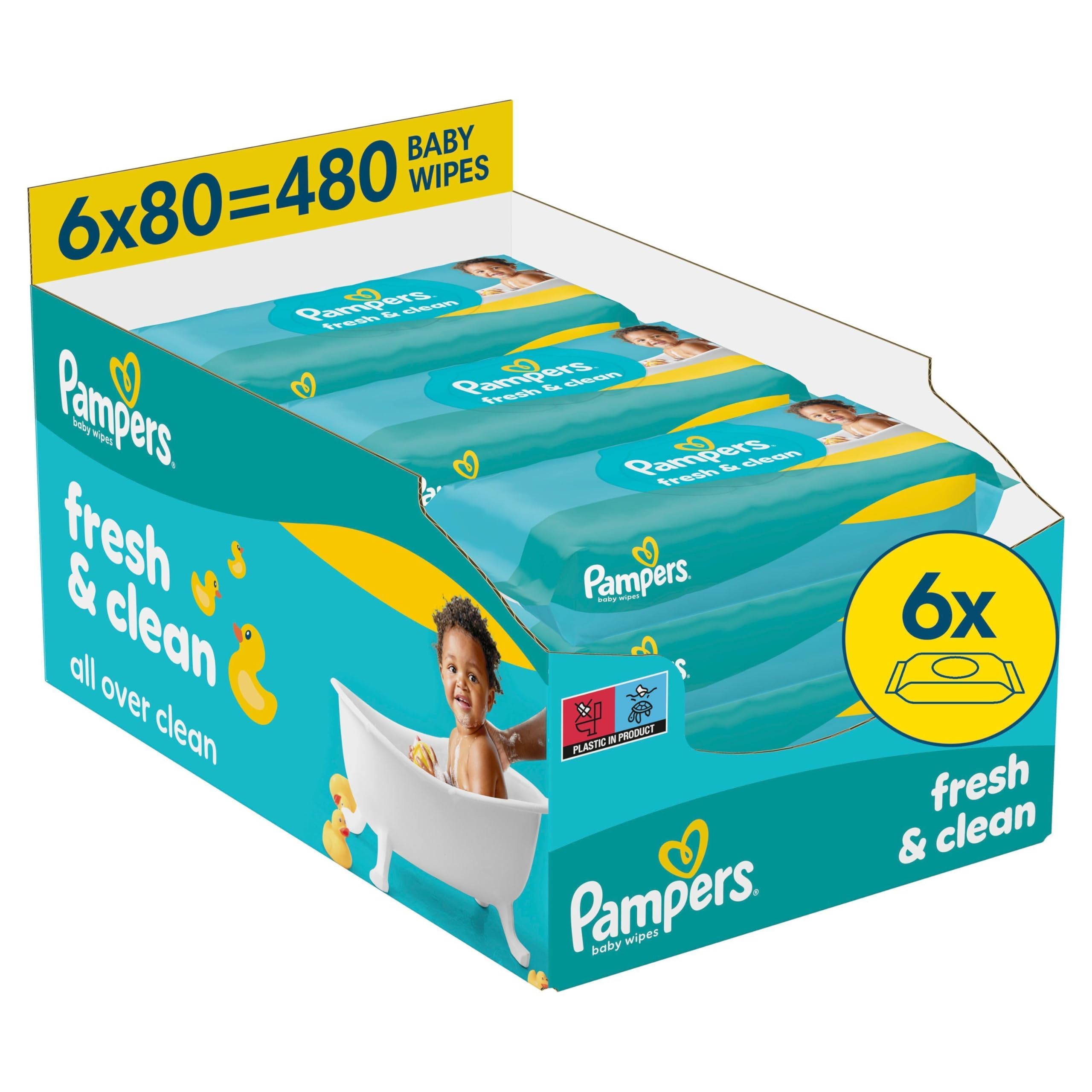 Pampers Fresh Clean Feuchttücher 6 Packungen mit 80 Stück = 480 Feuchttücher, milder Duft, auch für Hände und Gesicht geeignet