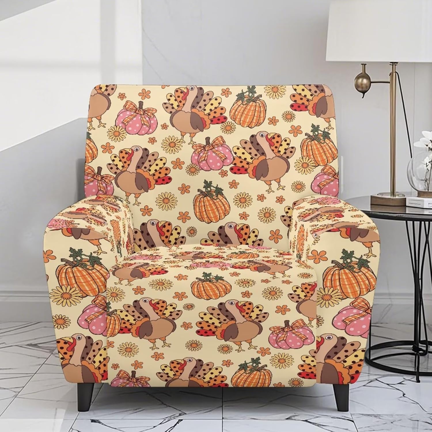 FOR U DESIGNS Turkey Pumpkin Small Recliner Cover 4-Pieces Stretch Slipcover with Elastic Edges Non-Slip Furniture Protector for Recliner Chairs Washable Covers Against Stains