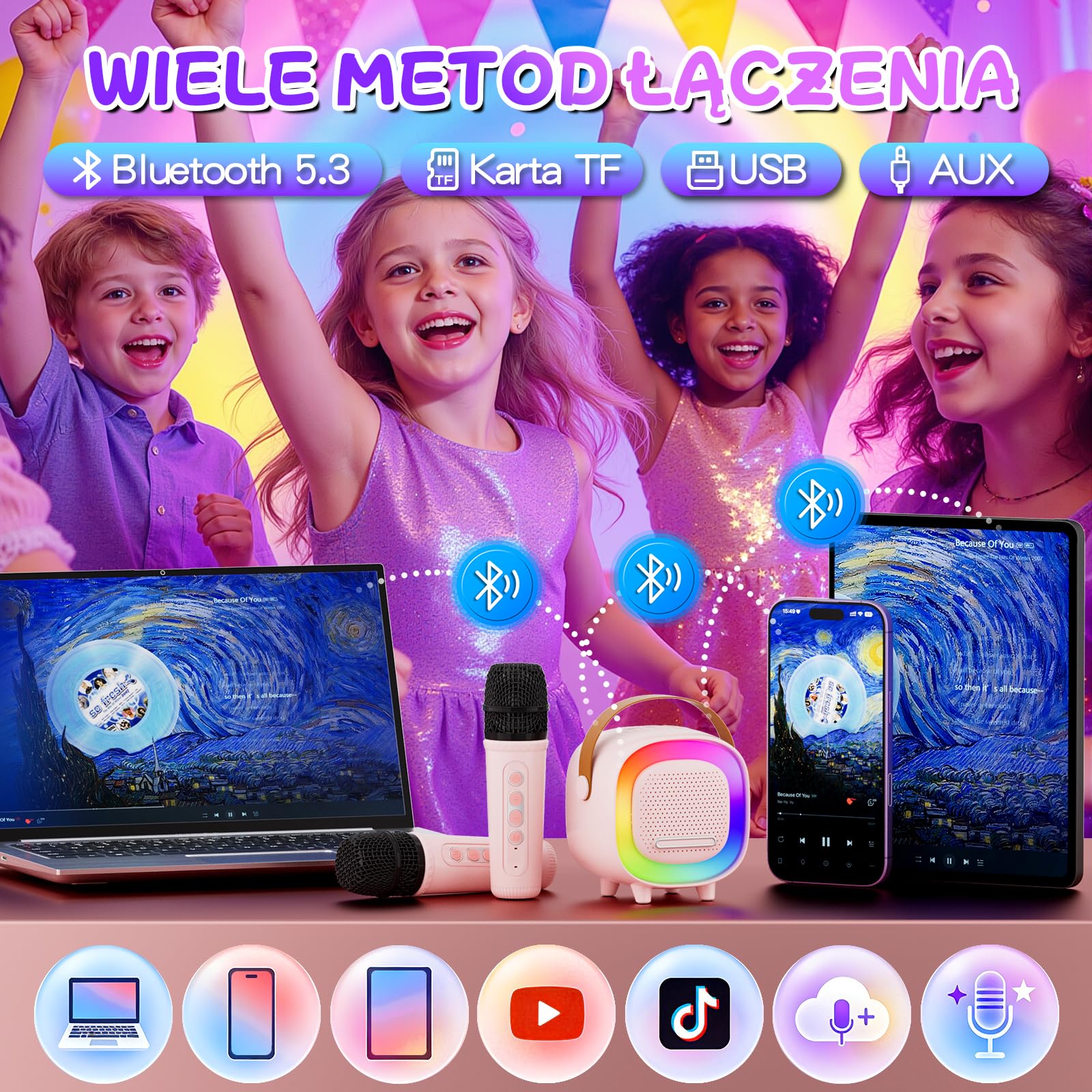 Mini Karaoke dla Dzieci i Dorosłych, 7 Trybów Efektów Dźwiękowych 6 Trybów Podświetlenia, Przenośny Głośnik Bluetooth z 2 Mikrofonami Bezprzewodowymi, Prezenty Świąteczne i Urodzinowe