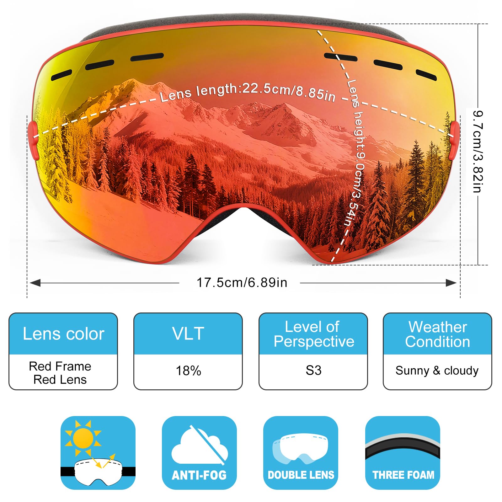 SPOSUNE Lunettes de Ski OTG Compatible Casque & Lunettes de Vue | Double Lentille Anti-Buée, Coupe - vent, anti - poussière, anti - UV, conception OTG, Compatible Casque & Lunettes de Vue