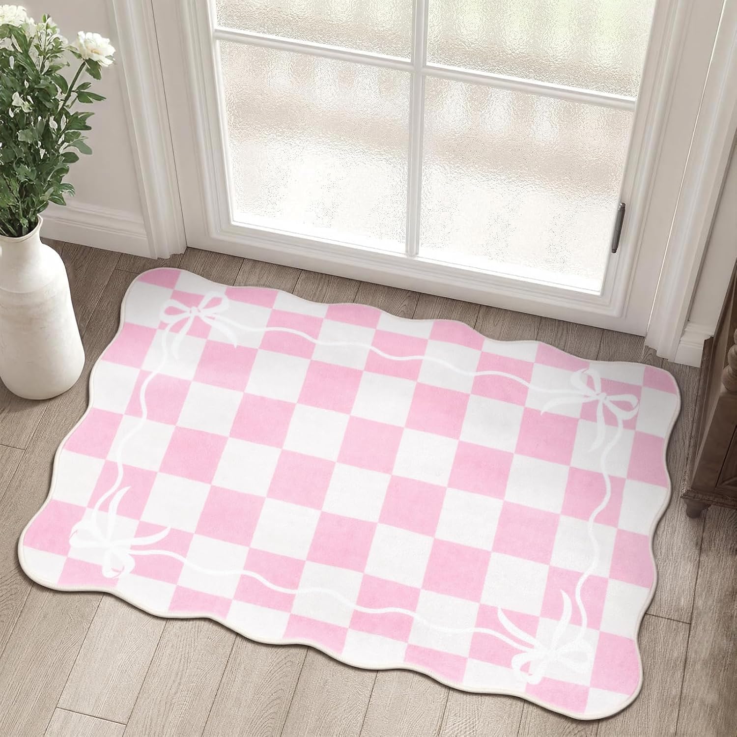 Checkered Bow Rugs for Entryway 2X3, Pink Rug for Bedroom Girls, Washable Small Indoor Door Mat, Soft Low Pile Non Slip Cute Scalloped Rug for Kitchen Bathroom Entrance Nursery Dorm